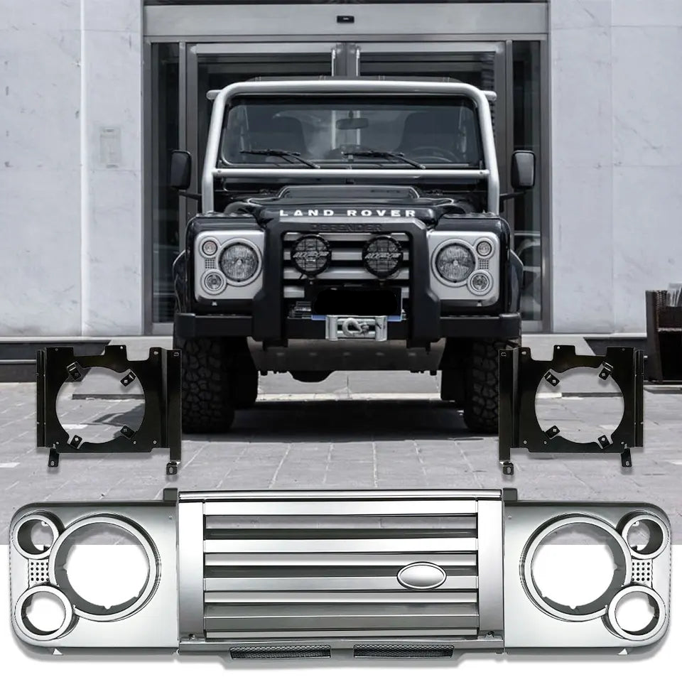 Front Grille And Headlamp Surrounds (Silver) Compatible With Land Rover Defender