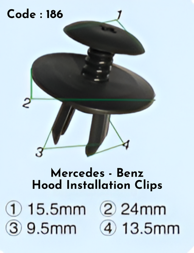 Hood Instalation Clips  (Set of 10) Code:186 Compatible With Mercedes Benz