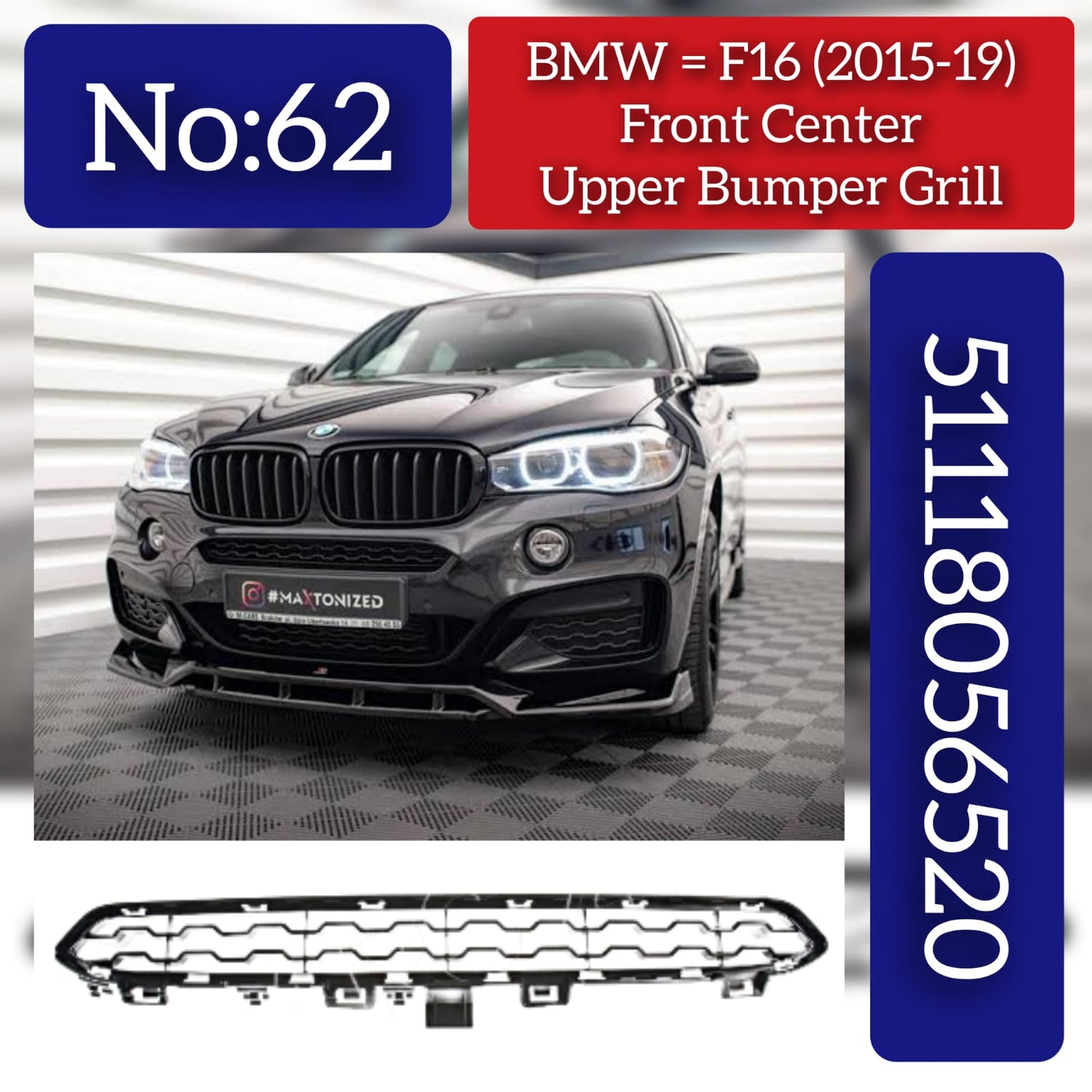 Front Middle Bumper Upper Center Mesh Bezel Grille 51118056520 Compatible With BMW X6 F16 2015-2019 Tag-BG-62