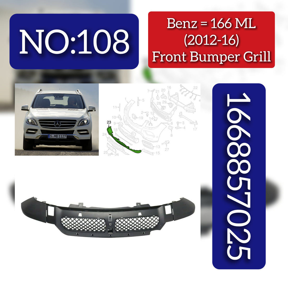 Front Bumper Lower Grille 1668857025 Compatible With MERCEDES-BENZ M-CLASS (W166) 2012-2016 Tag-BG-108