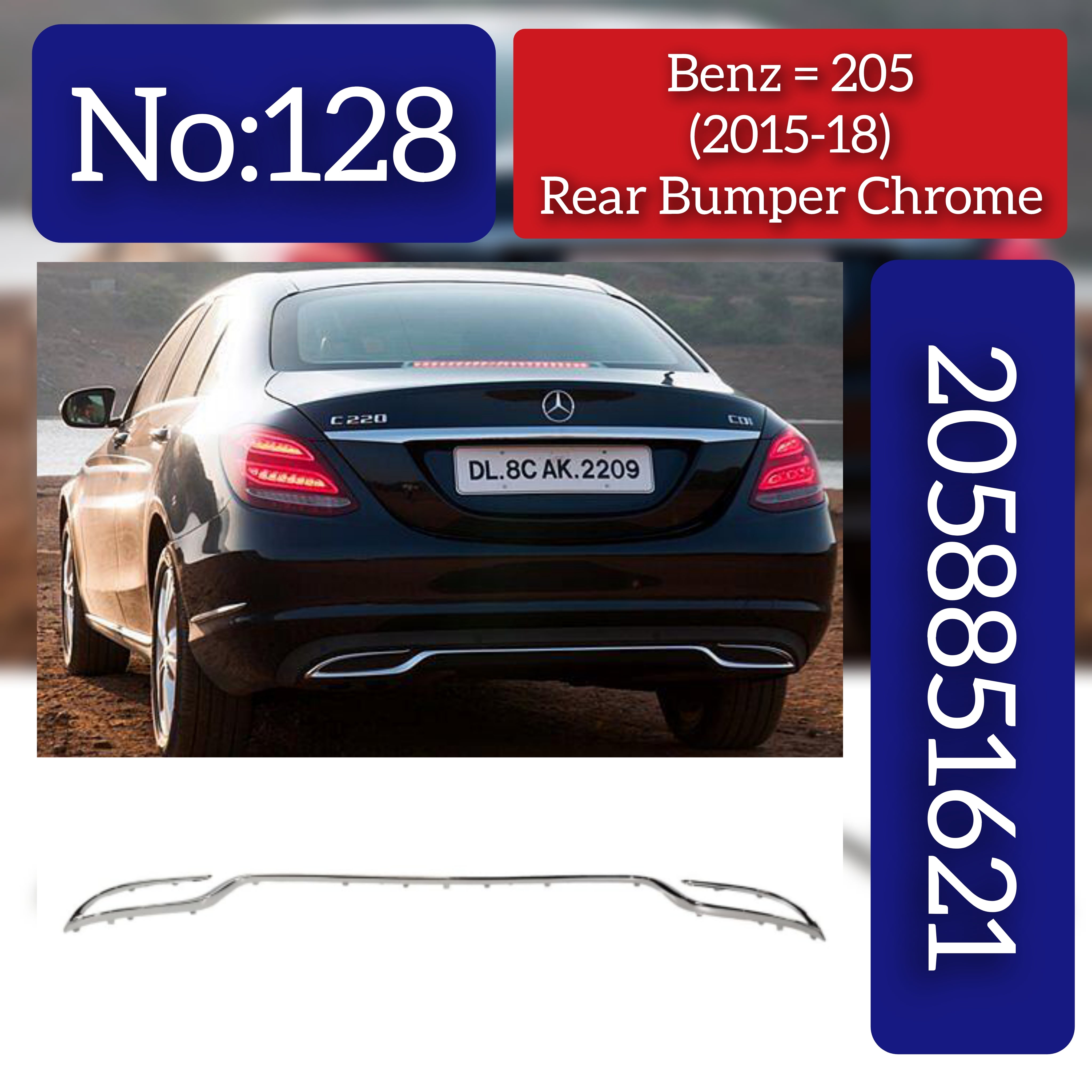 Rear Bumper Chrome 2058851621 Compatible With Mercedes-Benz C-Class W205 (2015-2018) Tag No.128