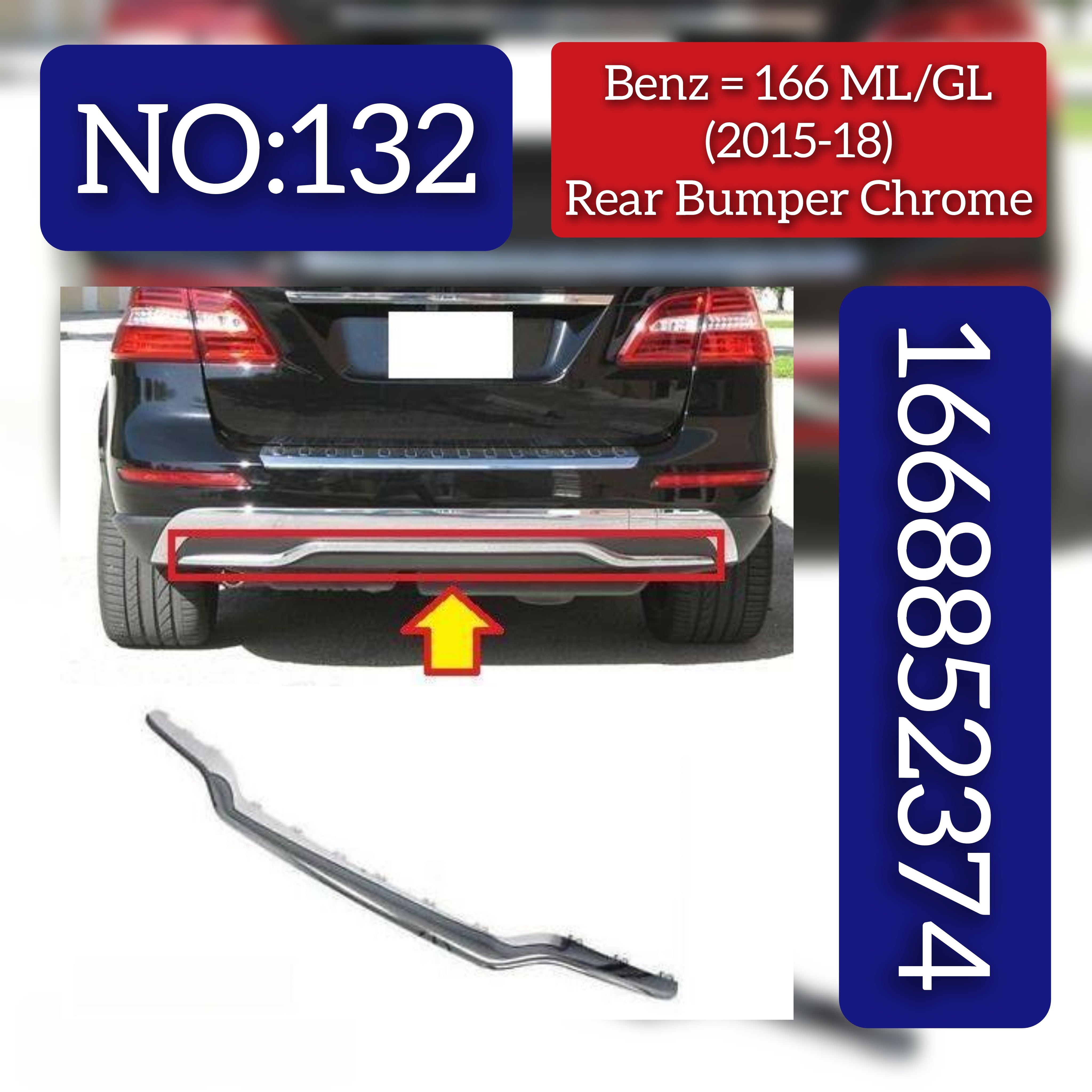 Rear Bumper Chrome Chromium Trim Spoiler Diffuser 1668852374 Compatible With MERCEDES BENZ GL-CLASS W166 & M-CLASS W166 2015-2018 Tag No.132