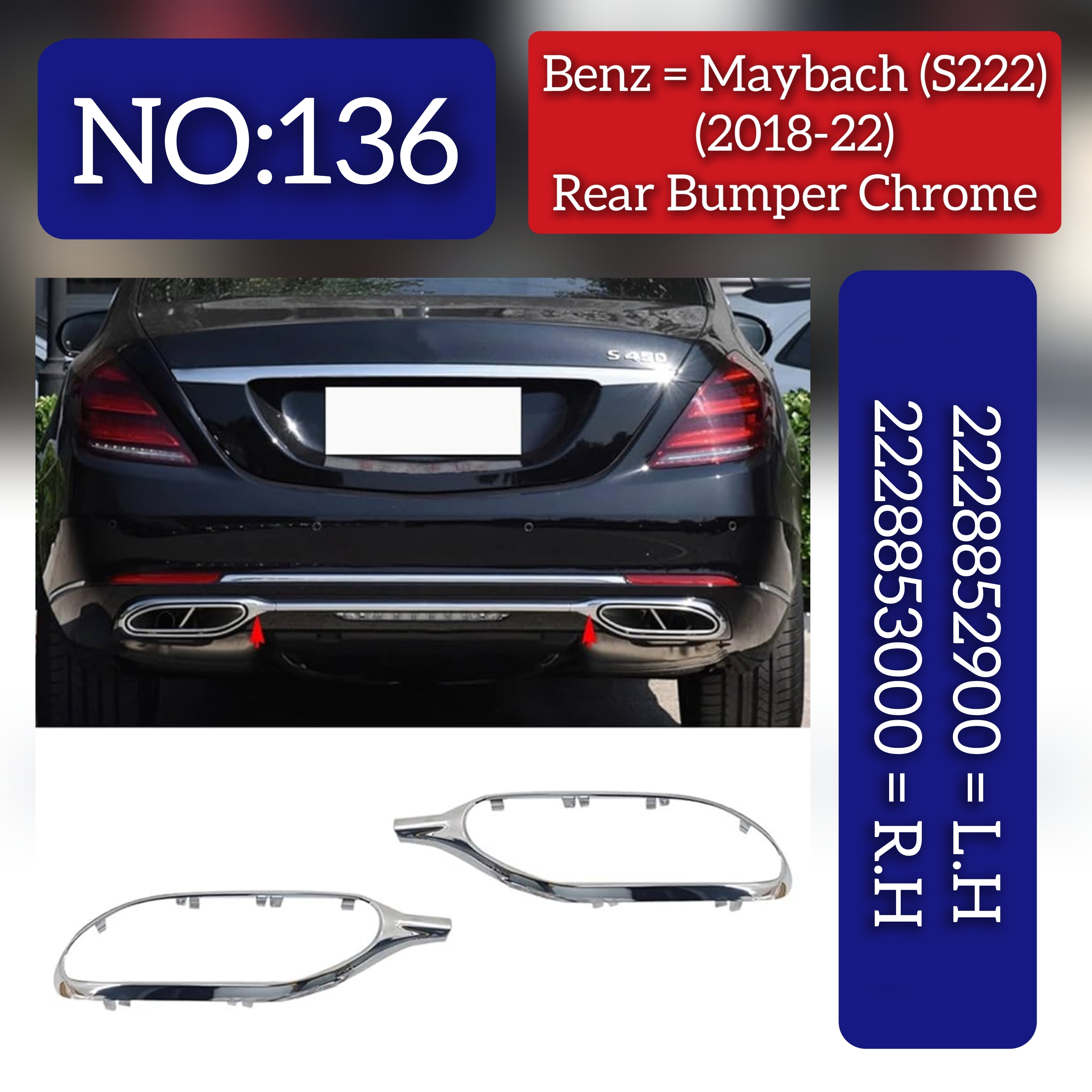 Rear Bumper Exhaust Pipe Cover Left 2228852900 & Right 2228853000 Compatible With MERCEDES BENZ S-CLASS W222 2018-2022 Tag No.136
