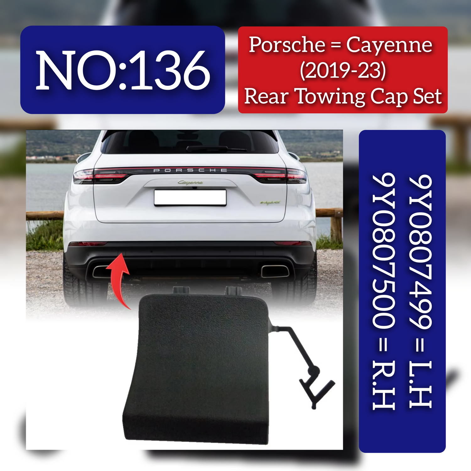 Front Bumper Tow Towing Cap Cover Hook Left 9Y0807499 Right 9Y0807500 Compatible with PORSCHE CAYENNE (2019-2023) Tag No.136