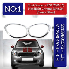 Headlight Chrome Bezel Ring Trim Left 51139801573 & Right 51139801574 Compatible With MINI MINI COUNTRYMAN (R60) (Glossy Silver 2011-2016)