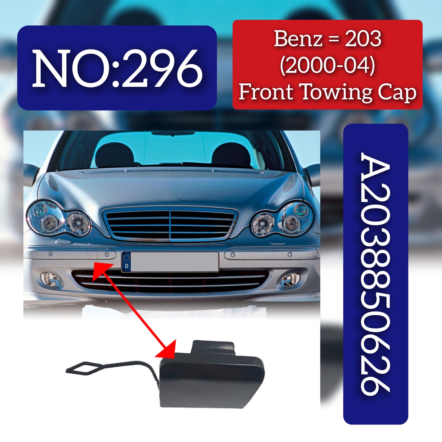 Front Bumper Tow Towing Cap Cover Hook 2038850626 Compatible with MERCEDES-BENZ C-CLASS (W203) (2000-2004) Tag No.296