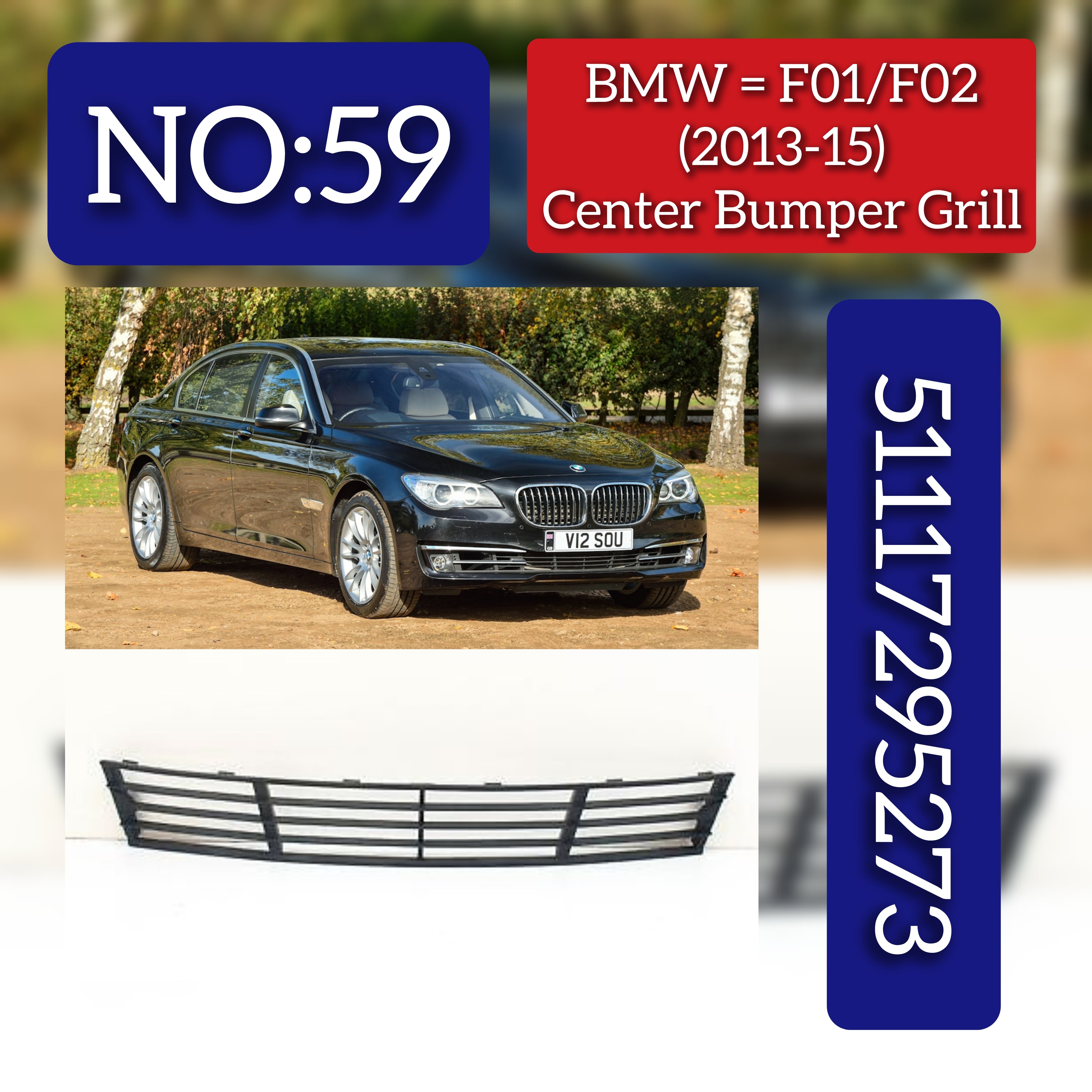 Front Middle Bumper Lower Center Mesh Bezel Grille 51117295273 Compatible With BMW 7 Series (F01, F02, F03, F04) 2013-2015 Tag-BG-59