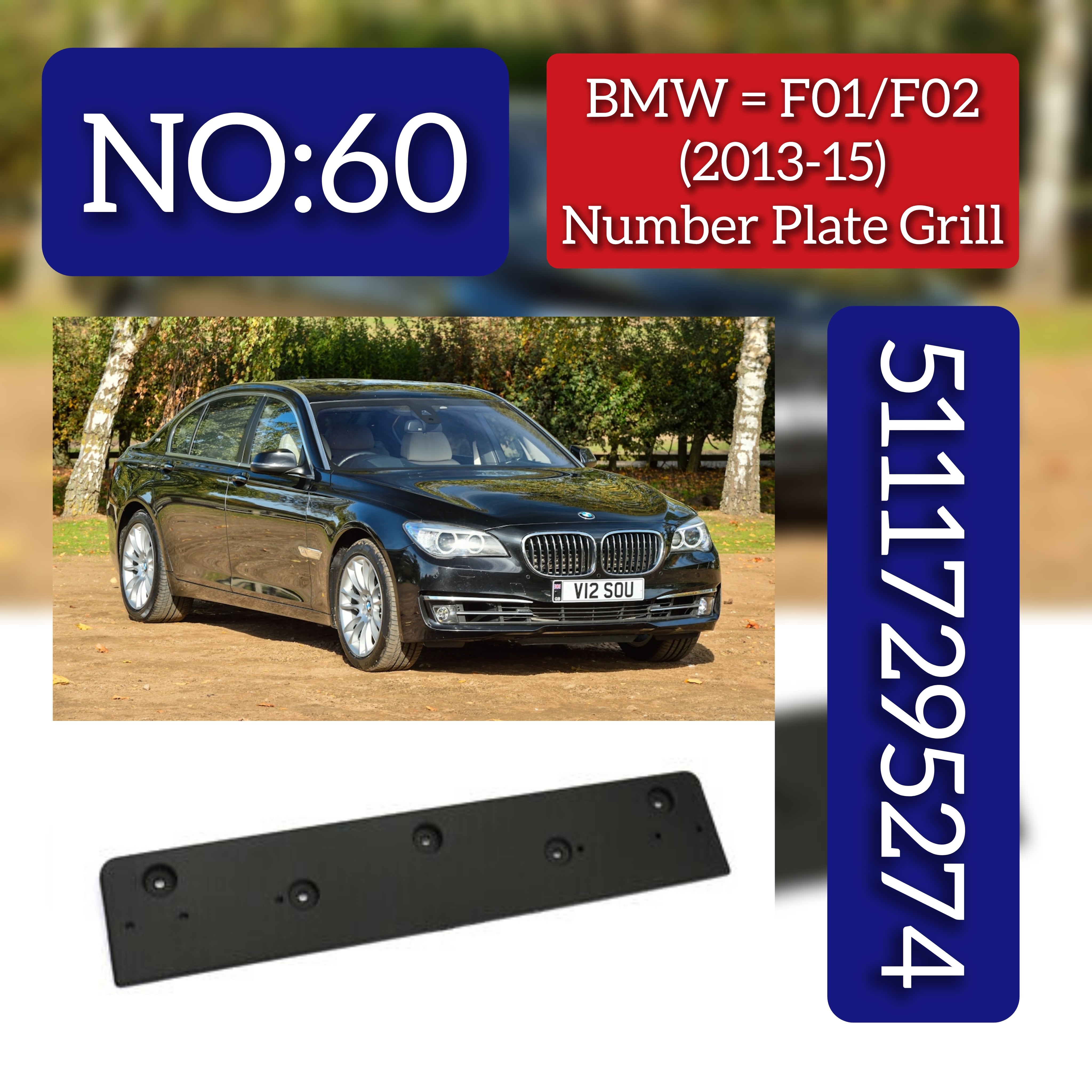 Front Bumper License Number Plate Grille 51117295274 Compatible With BMW 7 Series (F01, F02, F03, F04) 2013-2015 Tag-BG-60
