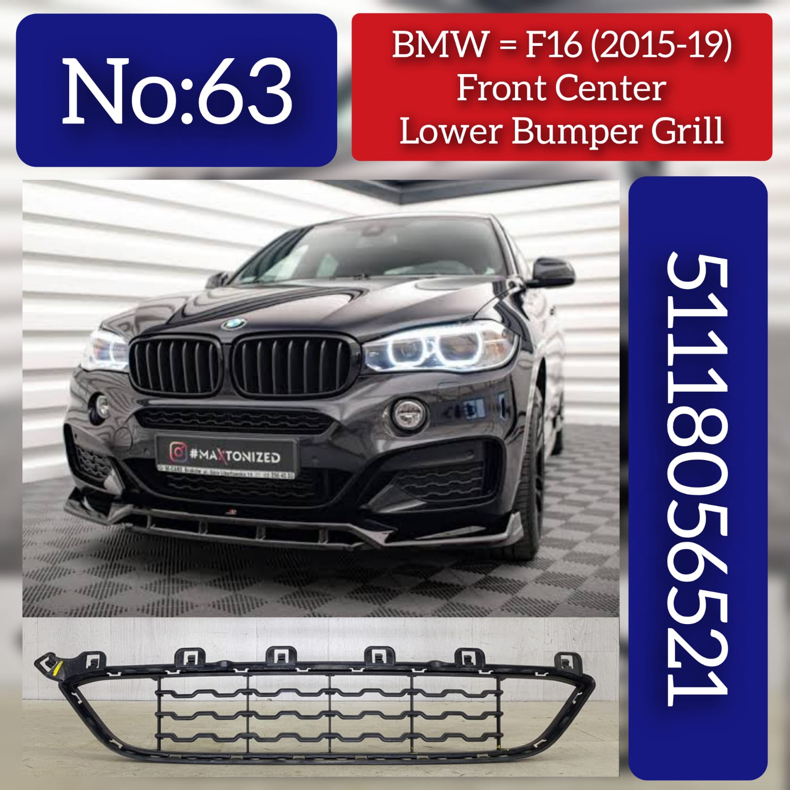 Front Middle Bumper Lower Center Mesh Bezel Grille 51118056521 Compatible With BMW X6 F16 2015-2019 Tag-BG-63