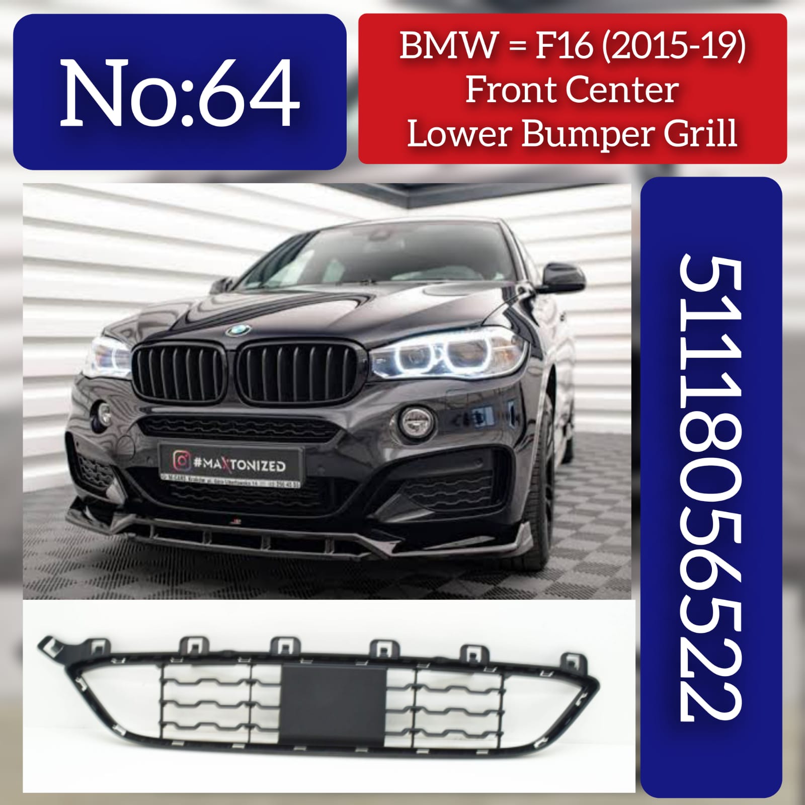 Front Middle Bumper Lower Center Mesh Bezel Grille 51118056522 Compatible With BMW X6 F16 2015-2019 Tag-BG-64