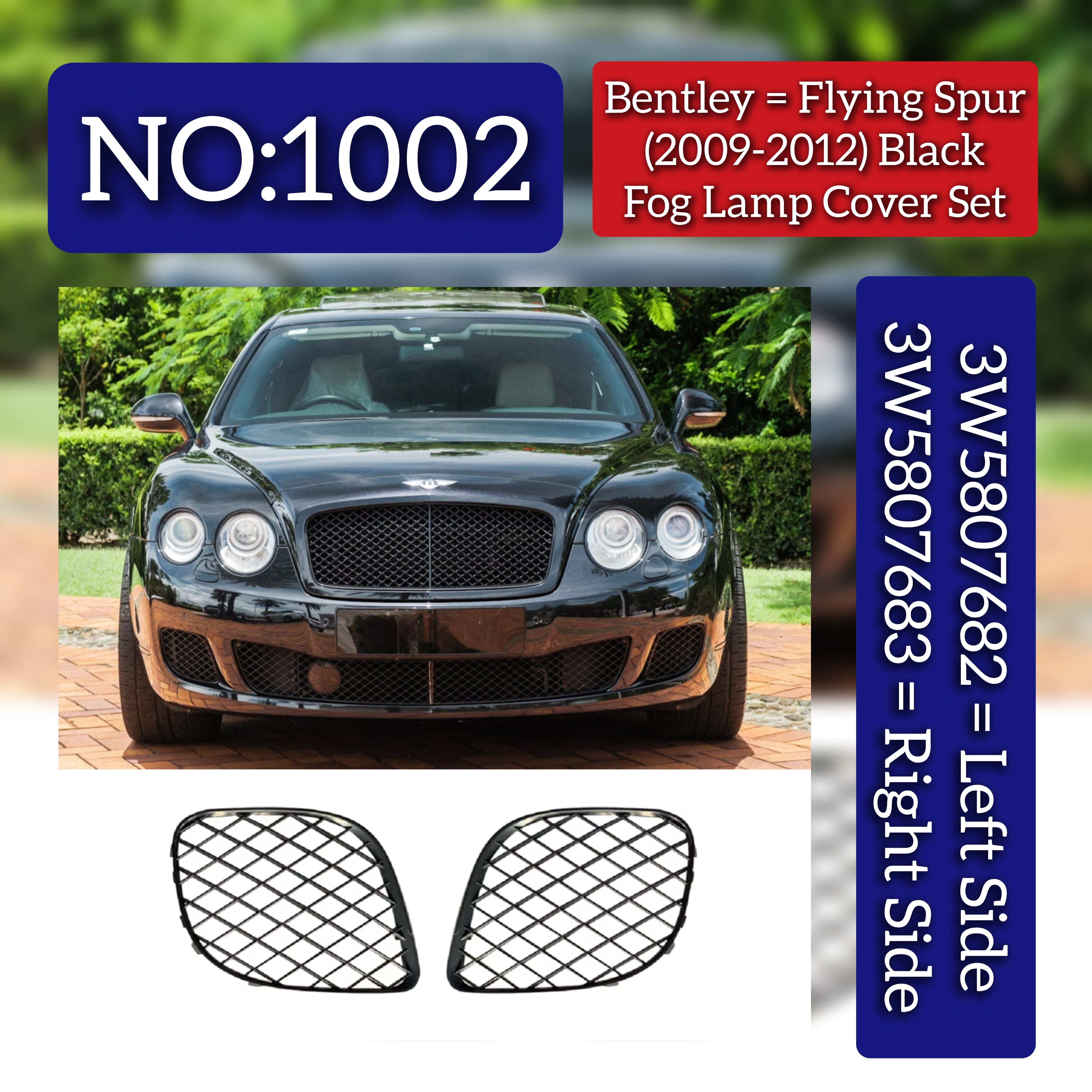 Black Fog Lamp Cover Set Left 3W5807682 & Right 3W5807683 Compatible With Bentley Flying Spur (2009-2012) Tag No.1002