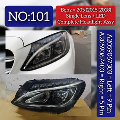 Headlight Headlamp  Left A2059067303 & Right A2059067403 A2058203661 (Single Lens) (Without Blaster) Compatible With  MERCEDES-BENZ C-CLASS (W205) & C-CLASS Convertible (A205) 2015-2018 Tag No.101