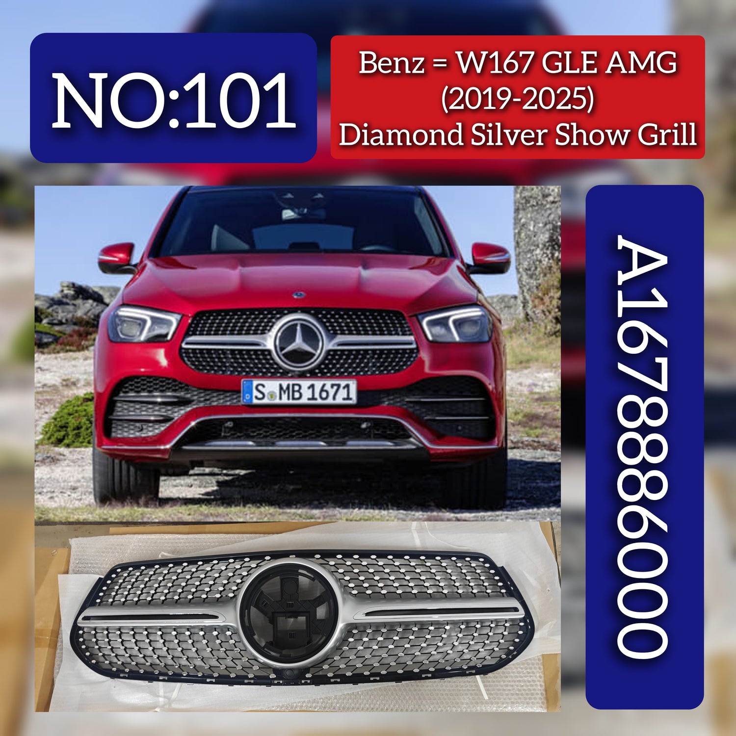 Diamond Silver Show Grill 1678886000 Compatible With Mercedes Benz W167 GLE (2019-24) Tag No.101