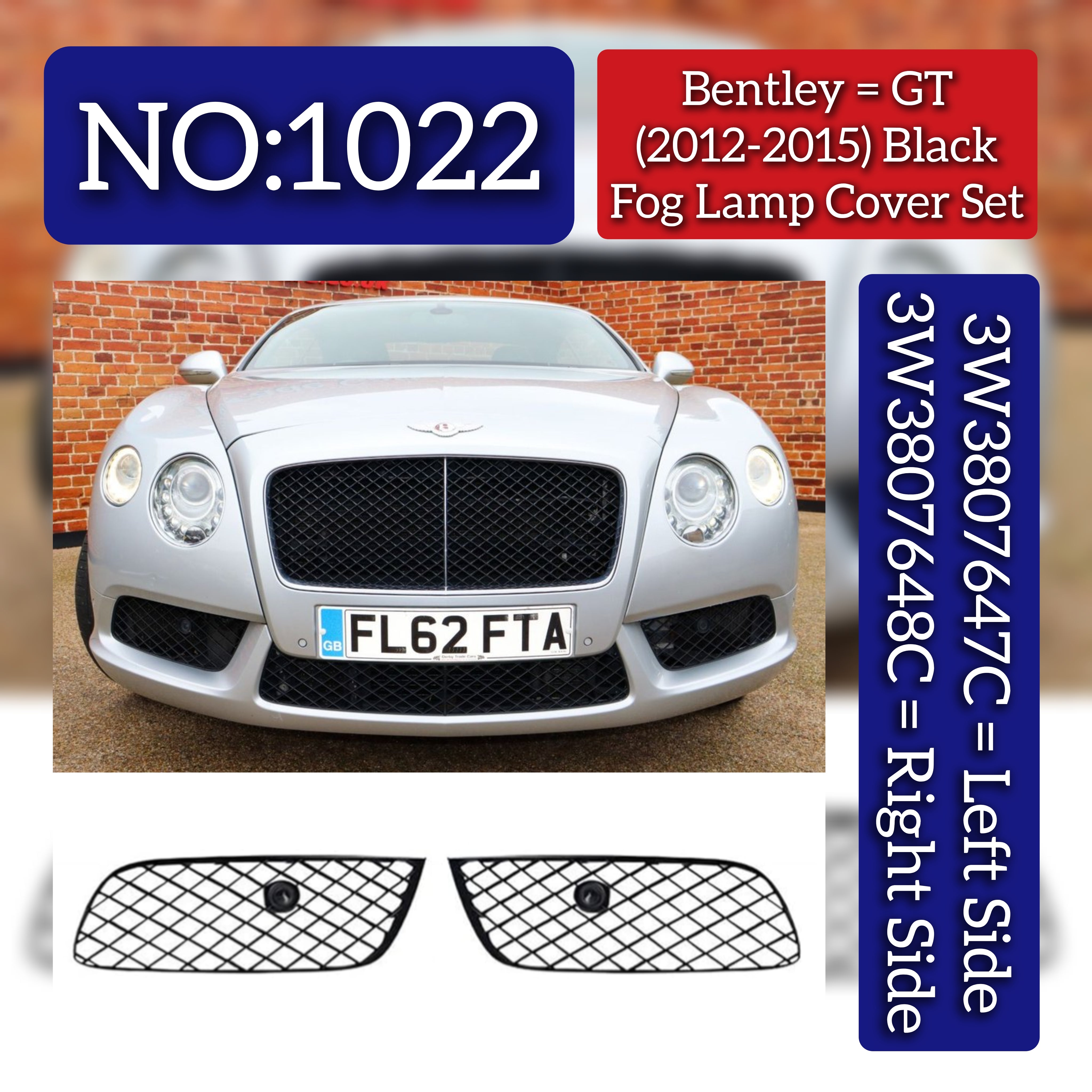 Black Fog Lamp Cover Set Left 3W3807647C & Right 3W3807648C Compatible With Bentley GT (2012-2015) Tag No.1022