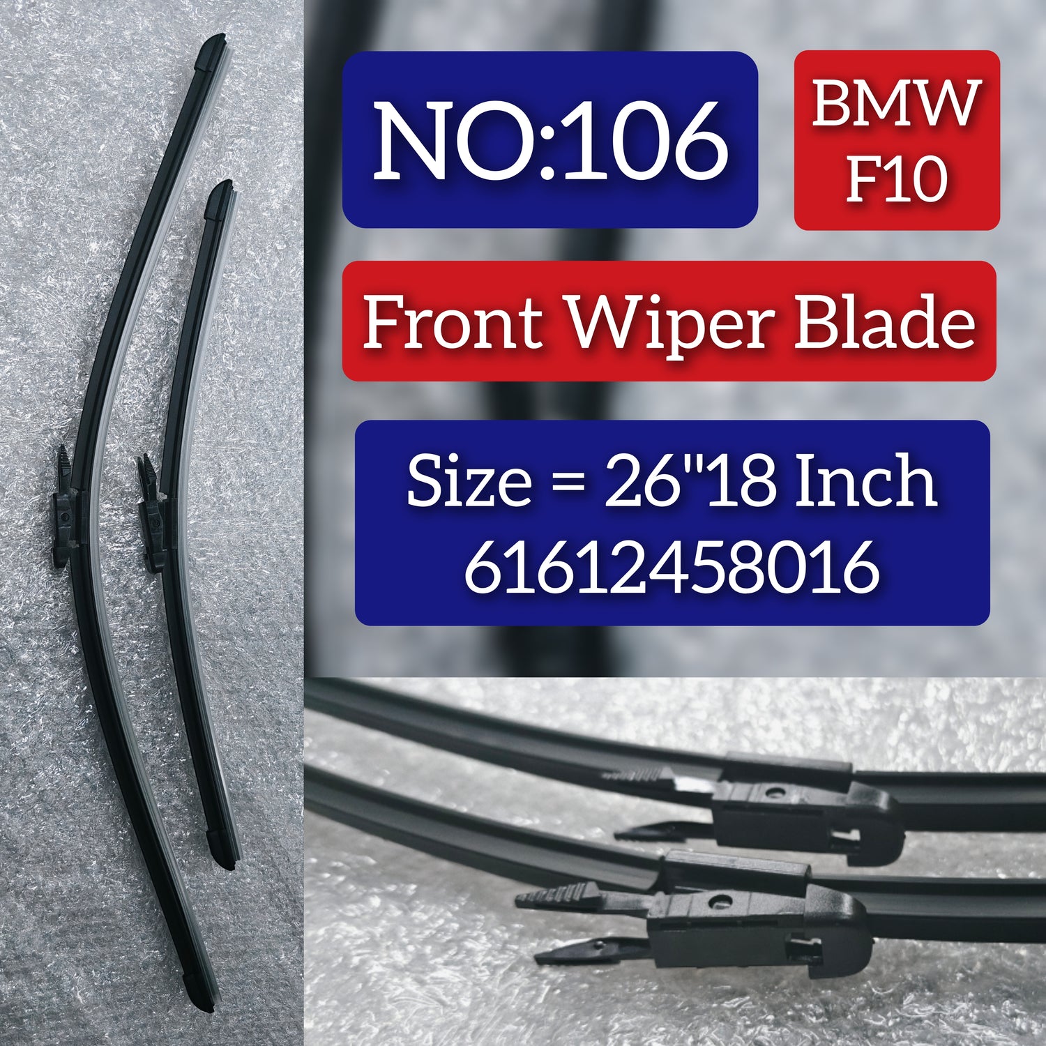Front Wiper Blade Set (26'18 Inch) 61612458016 61612147361 61612147365 61612163749 61612163750 61612458006 61612458014 61612458015 Compatible with BMW 5 Series F10 Tag No.106