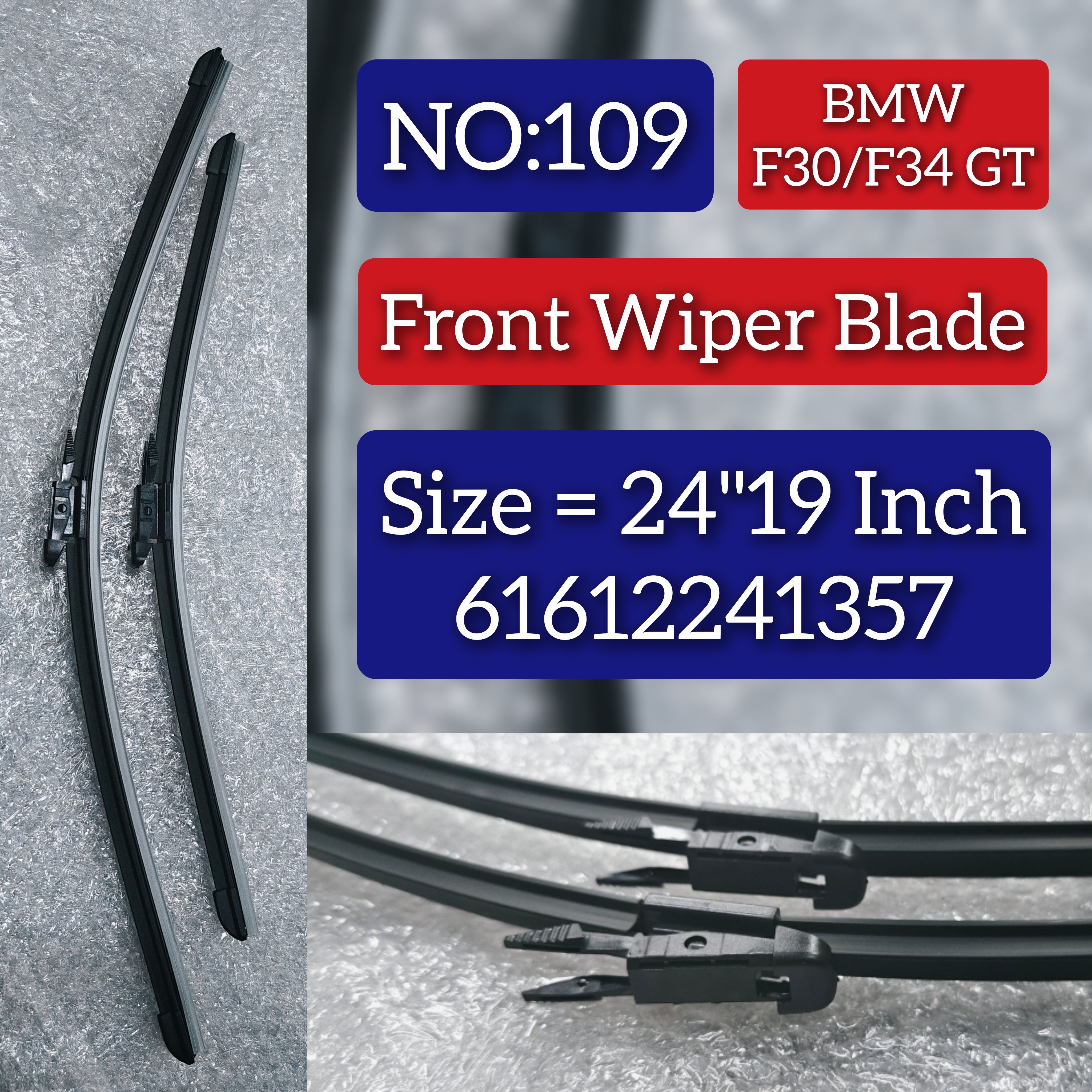 Front Wiper Blade Set (24'19 Inch)  61612241357 61612158220 61612159628 61612455436 61615A43586 61617253386 61617253397 61619478362 Compatible with BMW 3 Series (F30, F80) & 3 Gran Turismo (F34) Tag No.109