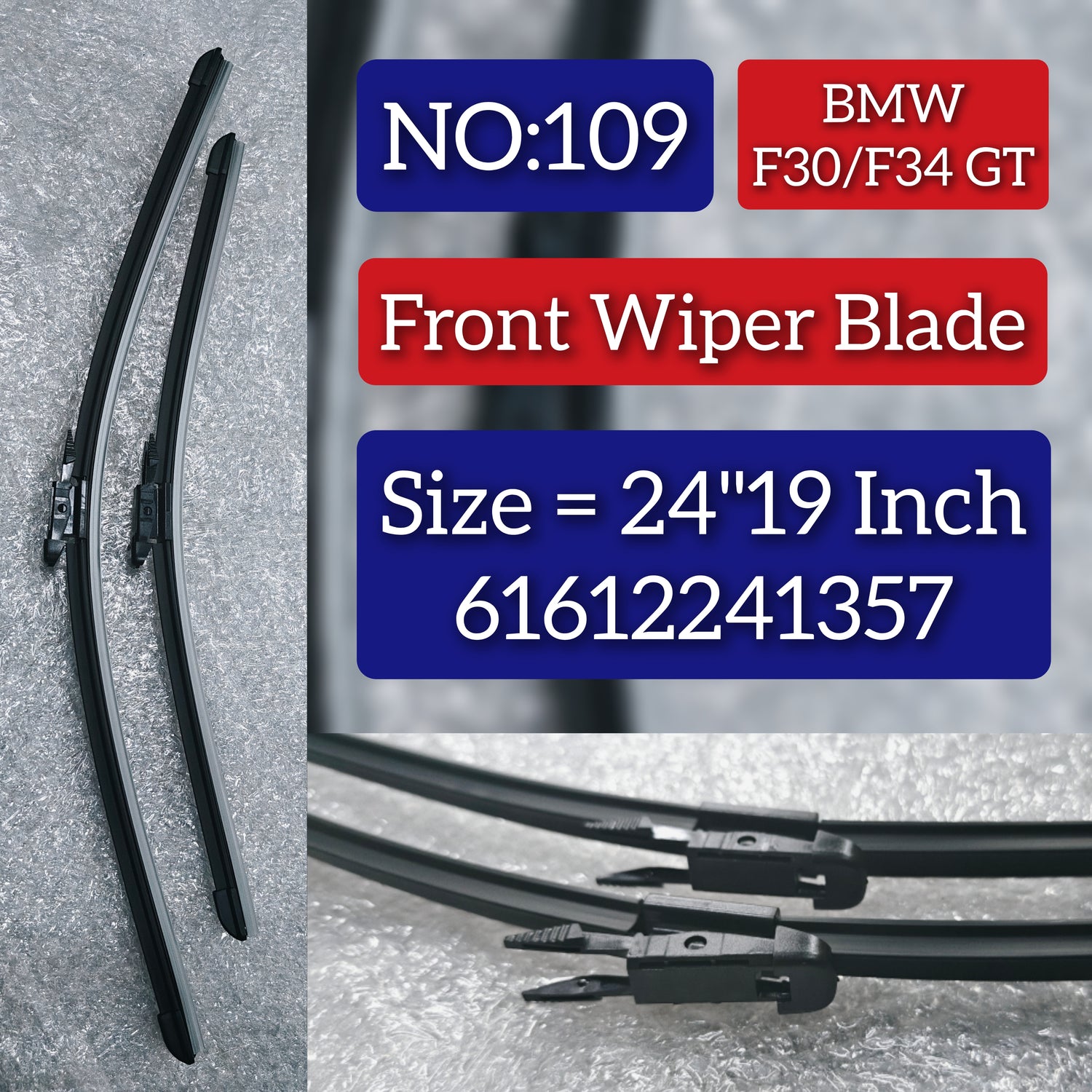 Front Wiper Blade Set (24'19 Inch)  61612241357 61612158220 61612159628 61612455436 61615A43586 61617253386 61617253397 61619478362 Compatible With BMW 3 Series (F30, F80) & 3 Gran Turismo (F34) Tag No.109