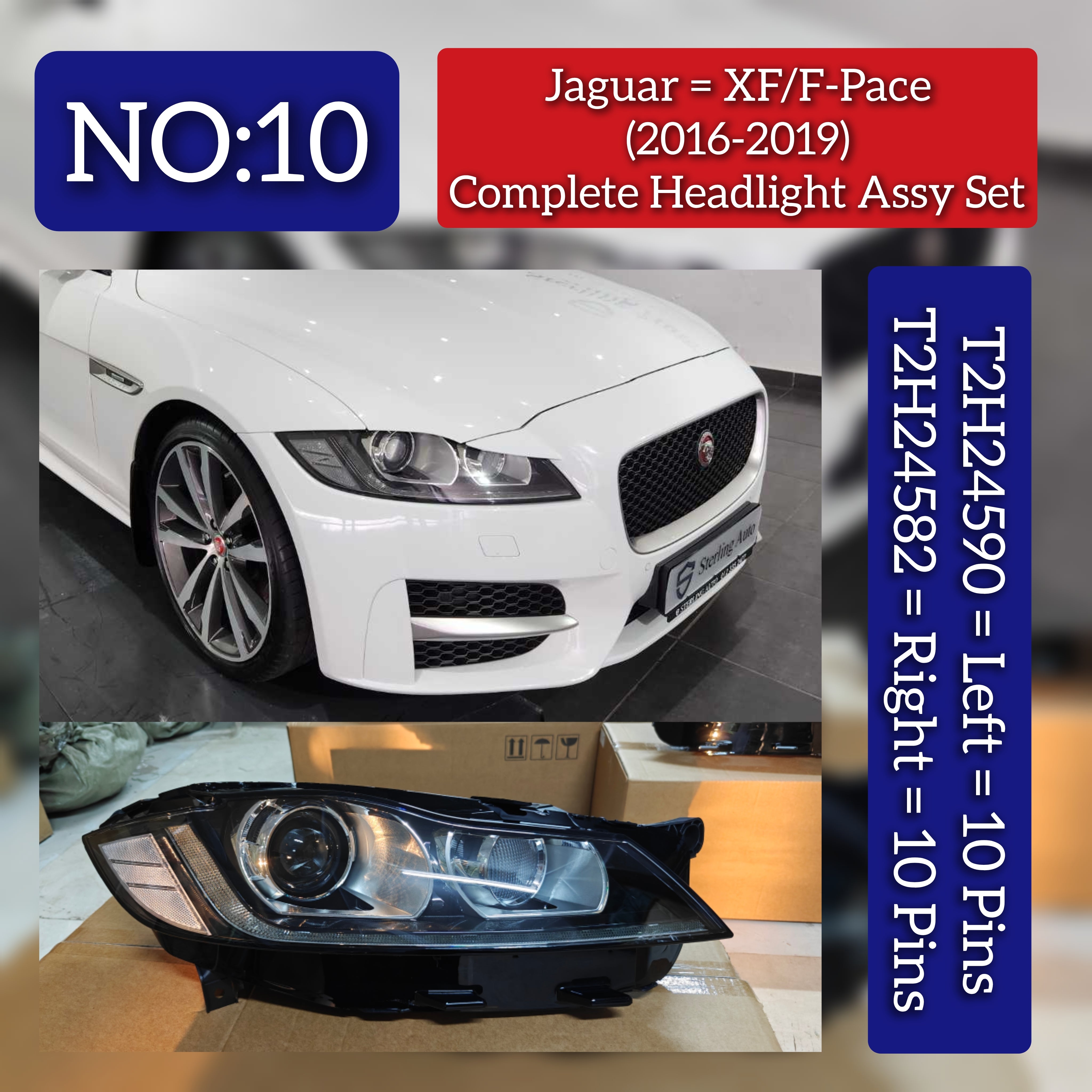 Complete Headlight Assy Left T2H24590 & Right T2H24582 Compatible With Jaguar XF/F-Pace (2016-2019) Tag No.10