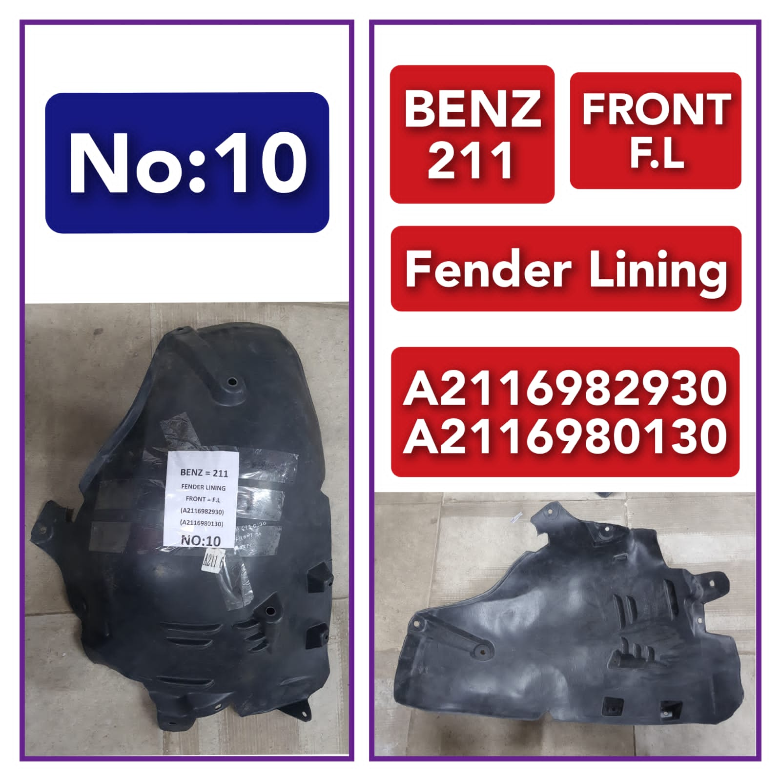 Front Left Fender Liner A2116980130 A2116982930 Compatible With MERCEDES-BENZ E-CLASS W211 Tag-FEM-10