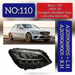 Complete Headlight Headlamp Assy Left A2059068905 (6 Pin) & Right A2059069005(4 Pin) (Without Blaster) Compatible With MERCEDES-BENZ C-CLASS (W205) (2021-2022) Tag No.110