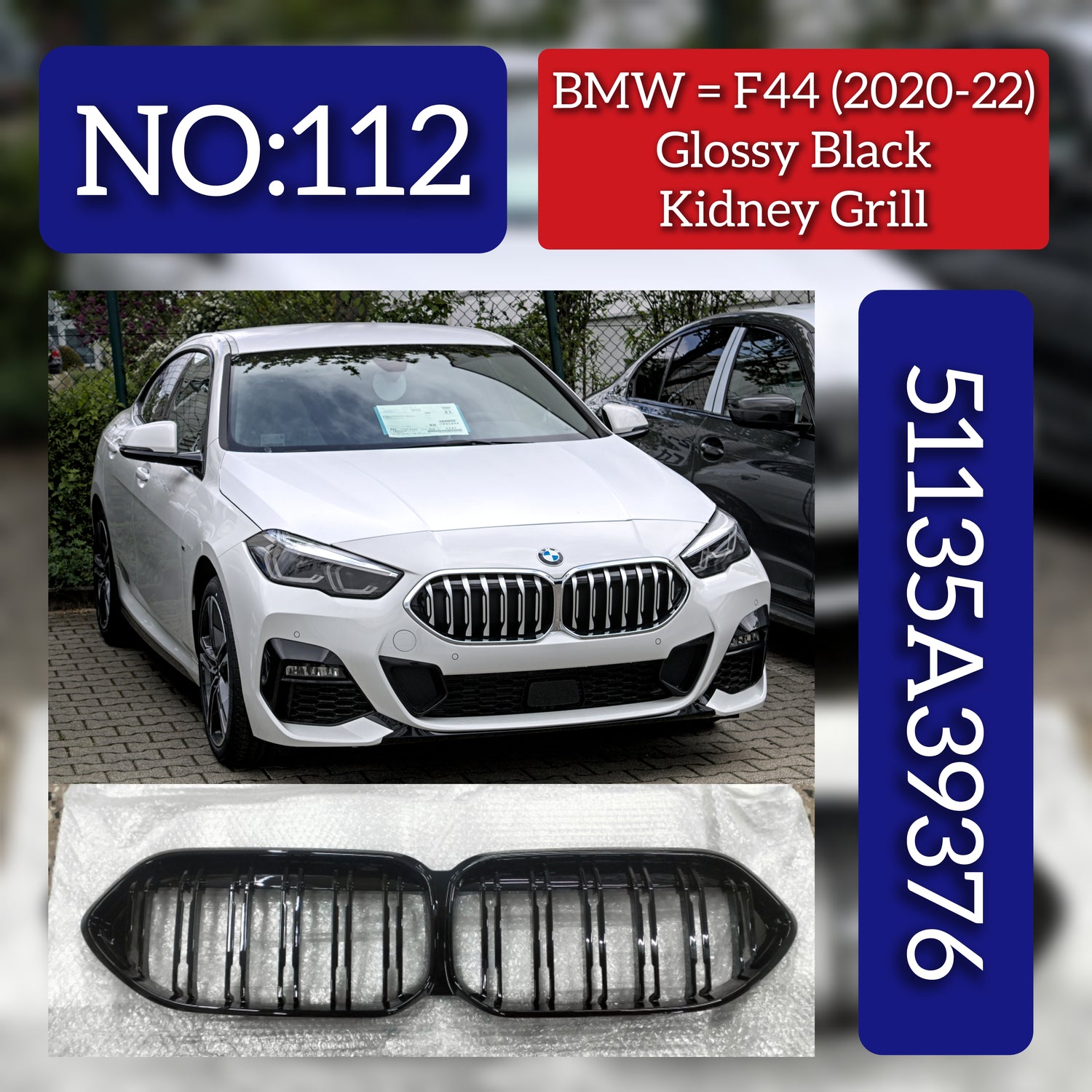 Kidney Grill Glossy Black Set 51135A39376.Compatible With BMW 2 Series F44(2020-2024) Tag 112