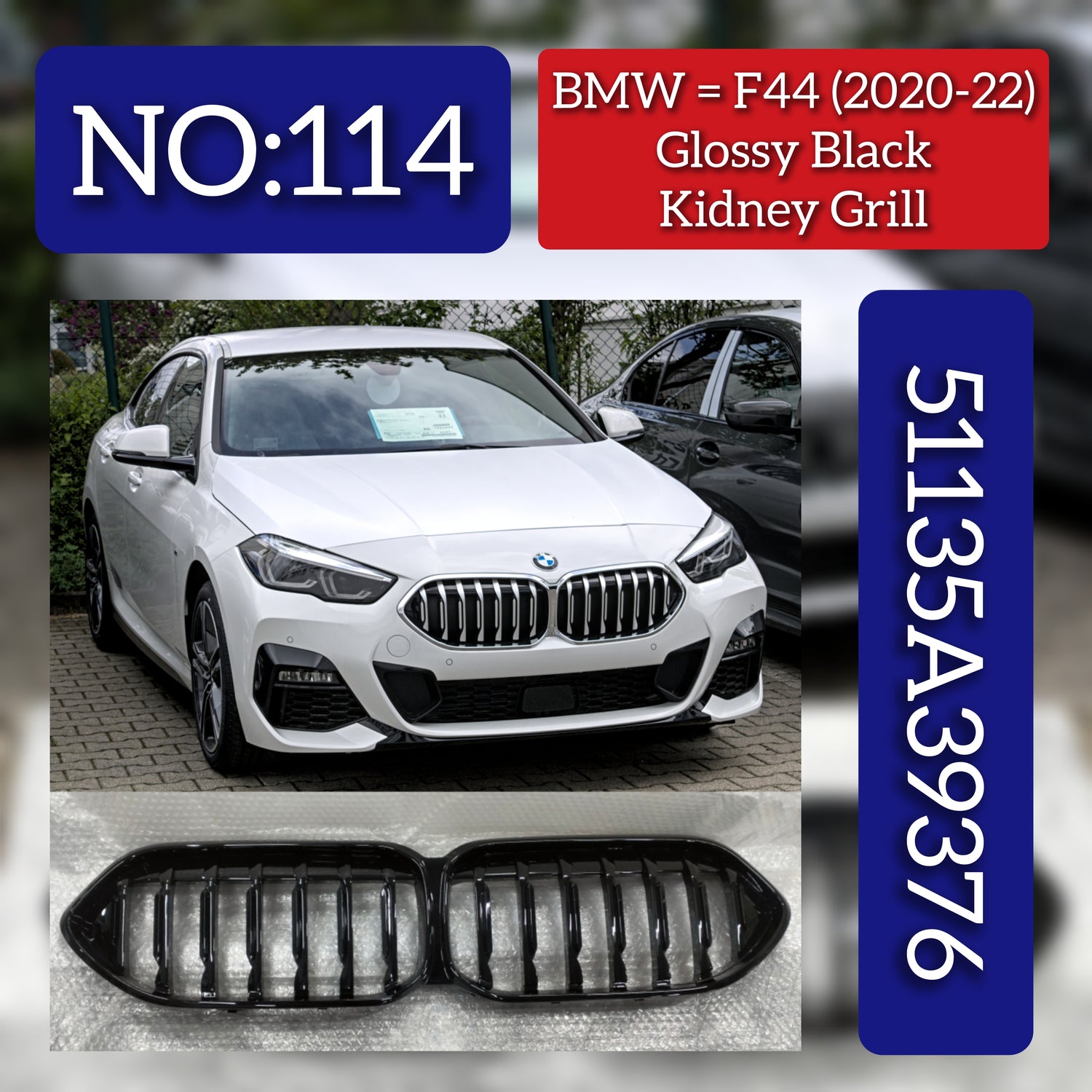 Kidney Grill Glossy Black Set 51135A39376 Compatible With BMW 2 Series F44(2020-2024) Tag 114