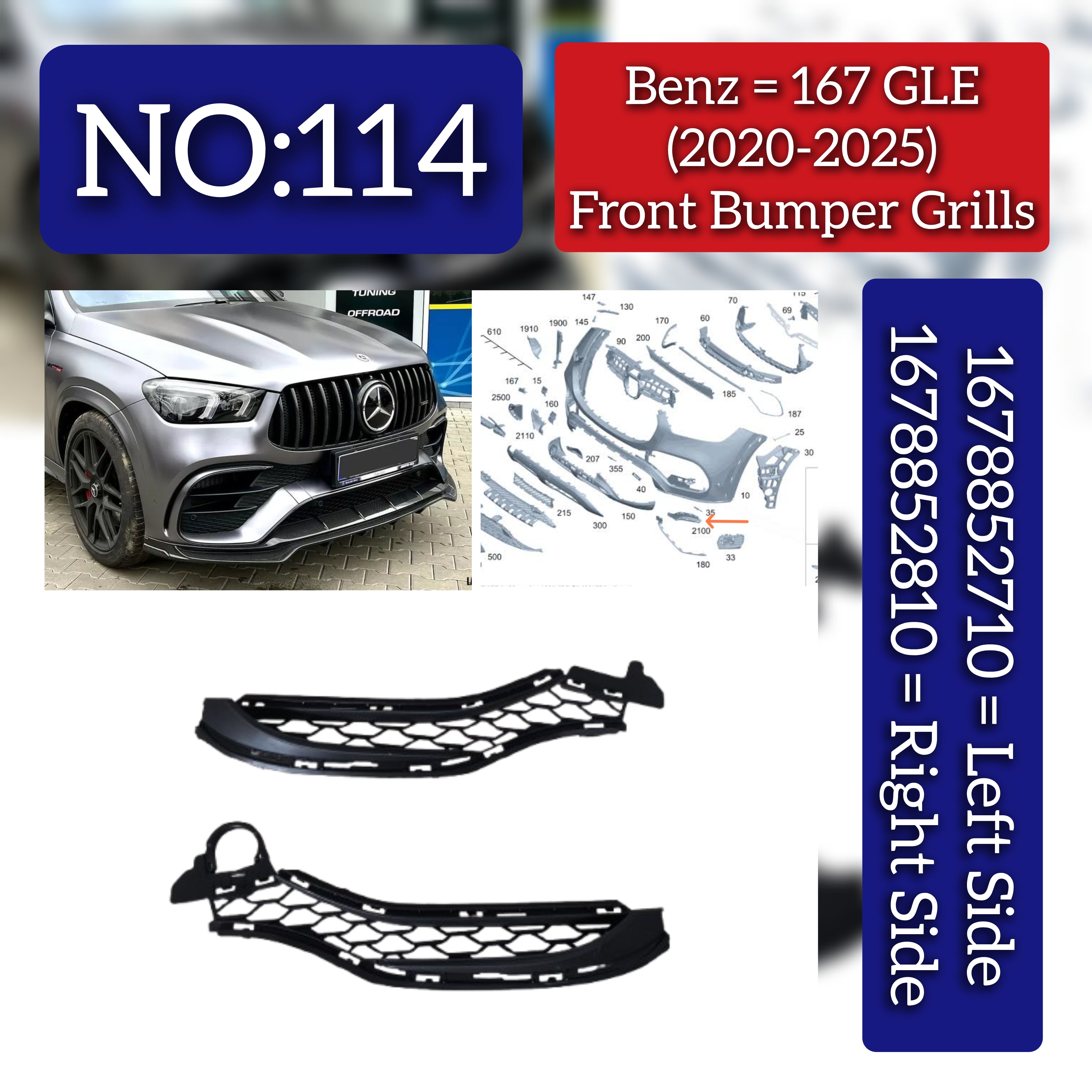 Front Bumper Grills Left 1678852710 Right 1678852810 Compatible With Mercedes-Benz GLE Class W167 (2020-2025) Tag No.114