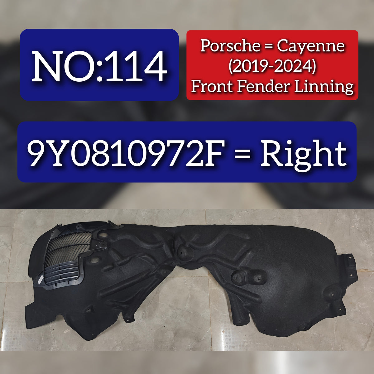 Front Right Wheel Fender Linning 9Y0810972F Compatible With Porsche Cayenne (2019-2024) Tag No.114