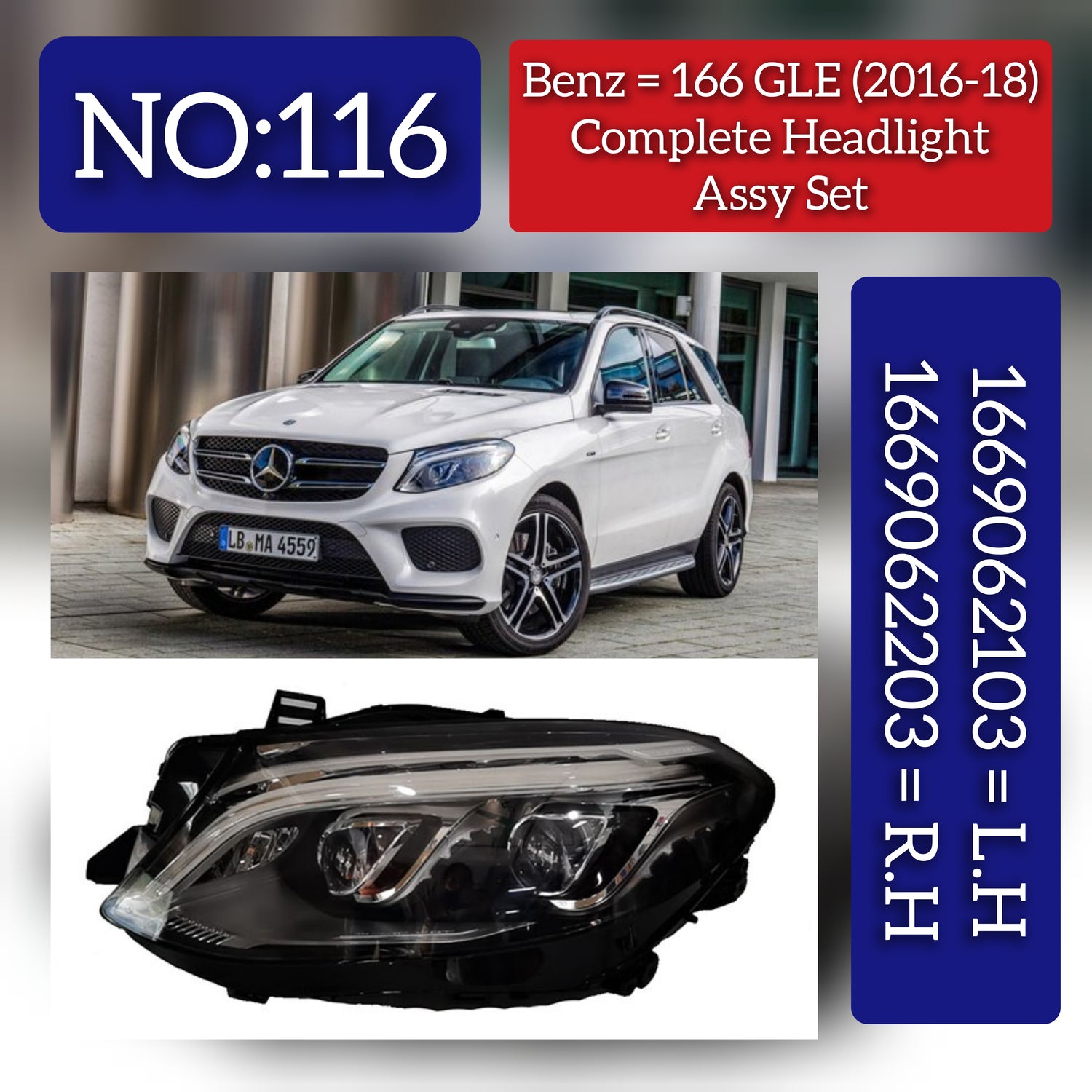 Complete Headlight Assy Set (Without Blaster) Left 1669062103 & Right 1669062203 Compatible With Mercedes Benz W166 GLE (2016-2018) Tag No.116