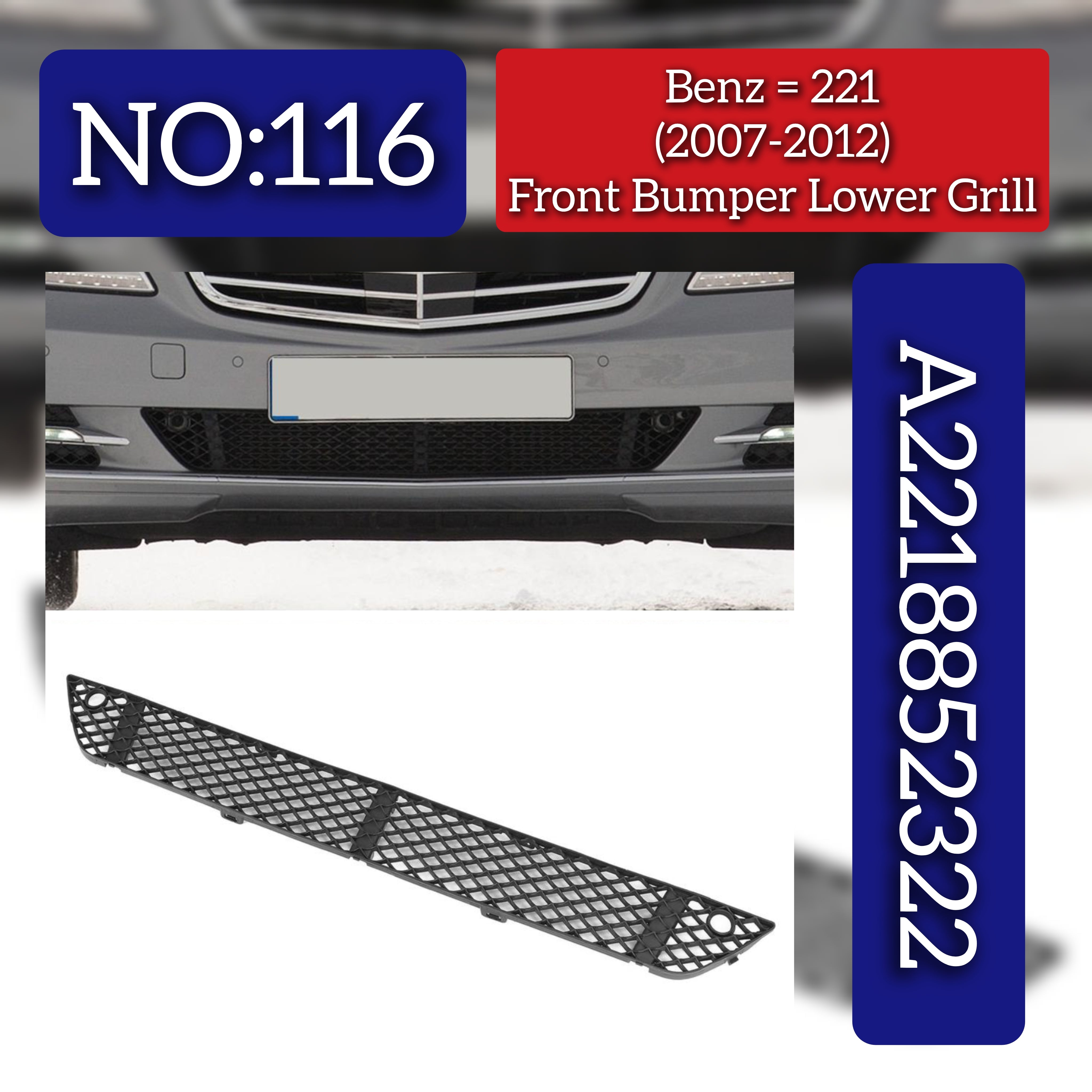 Front Bumper Lower Grill 2218852322 Compatible With Mercedes-Benz S-CLASS W221 (2007-2012) Tag No.116