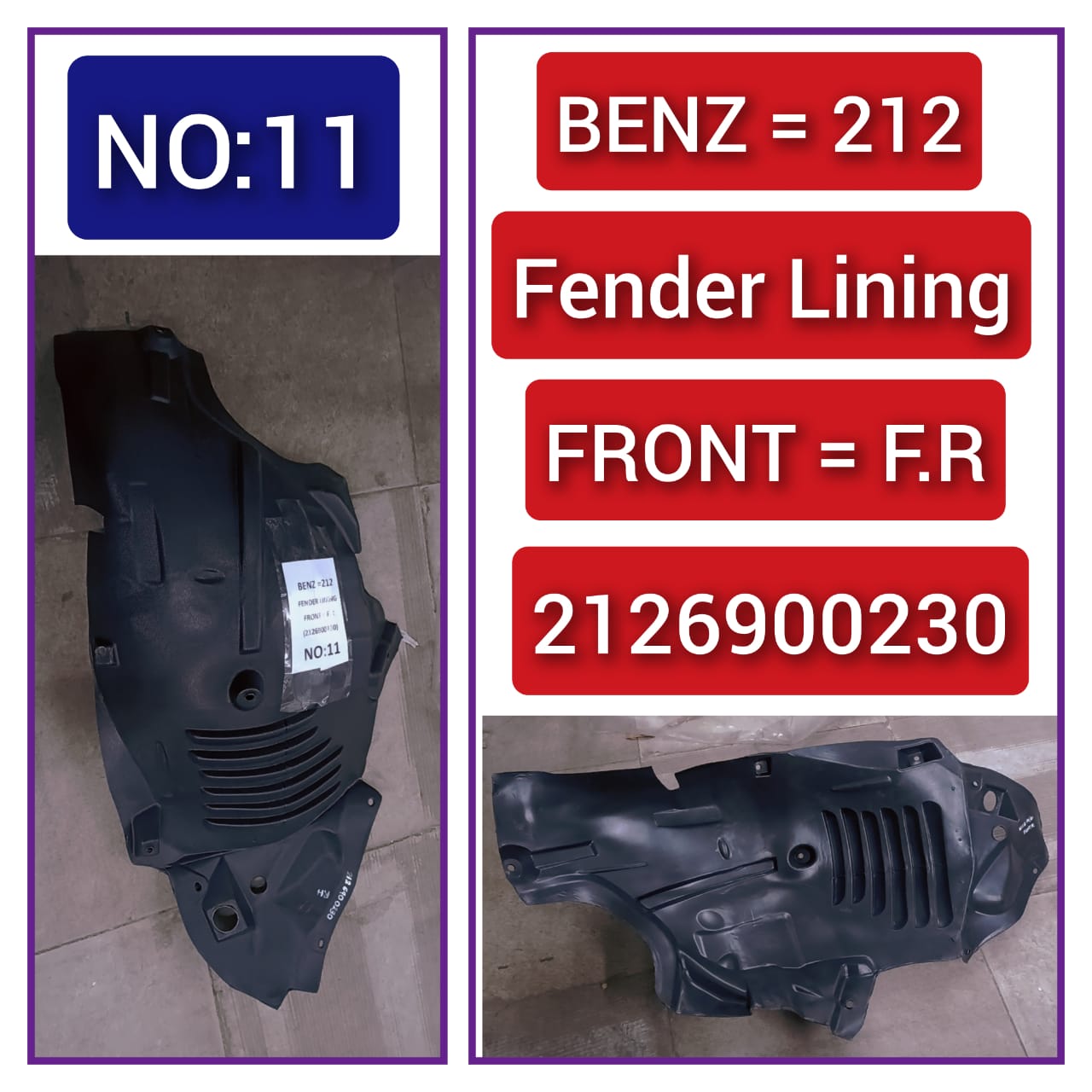 Front Right Fender Liner 2126900230 A2126900230 Compatible With MERCEDES-BENZ E-CLASS W212 Tag-FEM-11
