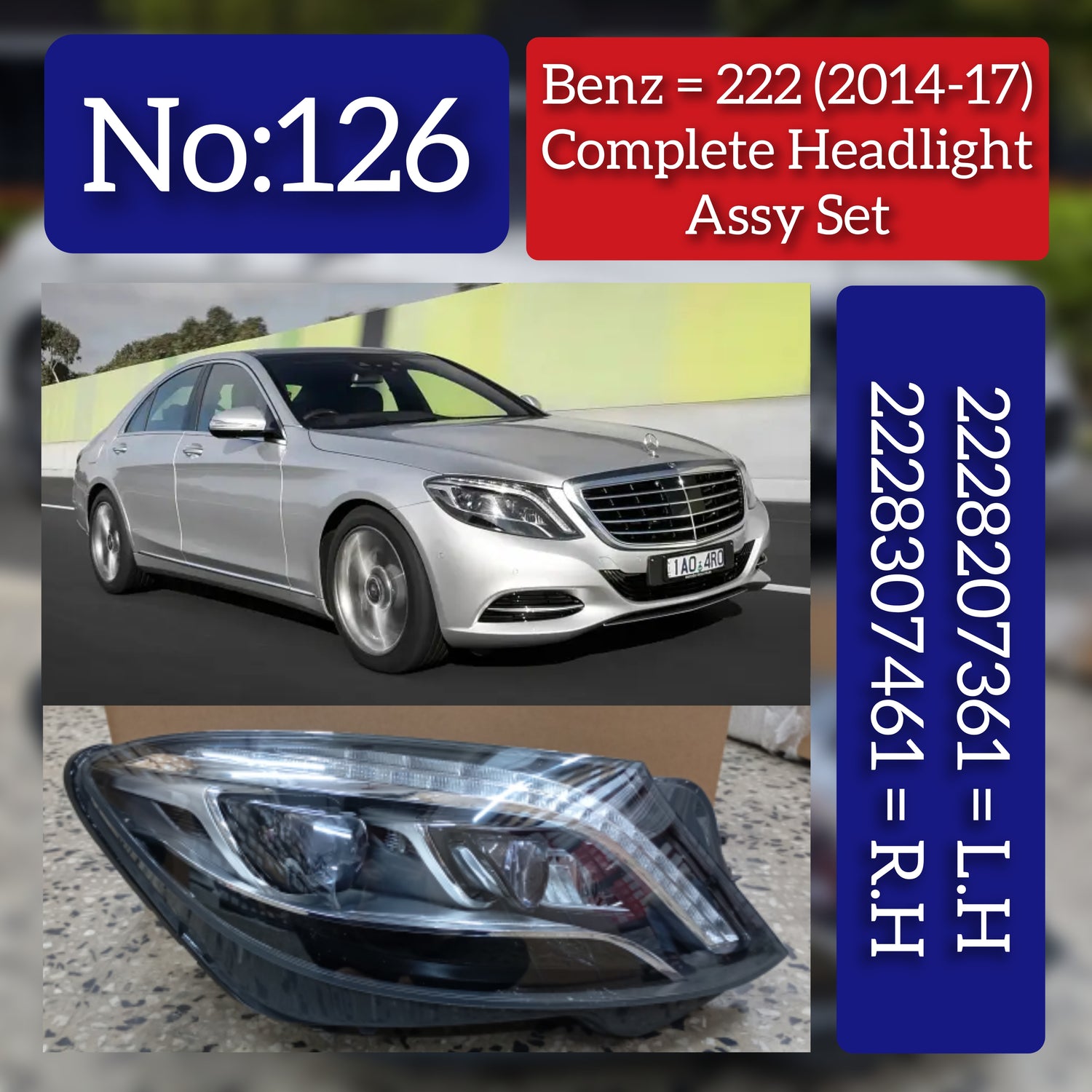 Complete Headlight Assembly Left A2228207361 A2228207903 & Right A2228207461 A2228208003 Compatible With Mercedes Benz  (W222) S-Class (2014-2017) Tag No.126