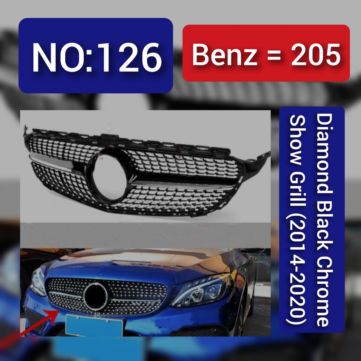 Benz = 205 Diamond Black Chrome Show Grill (2014-2020) Tag 126