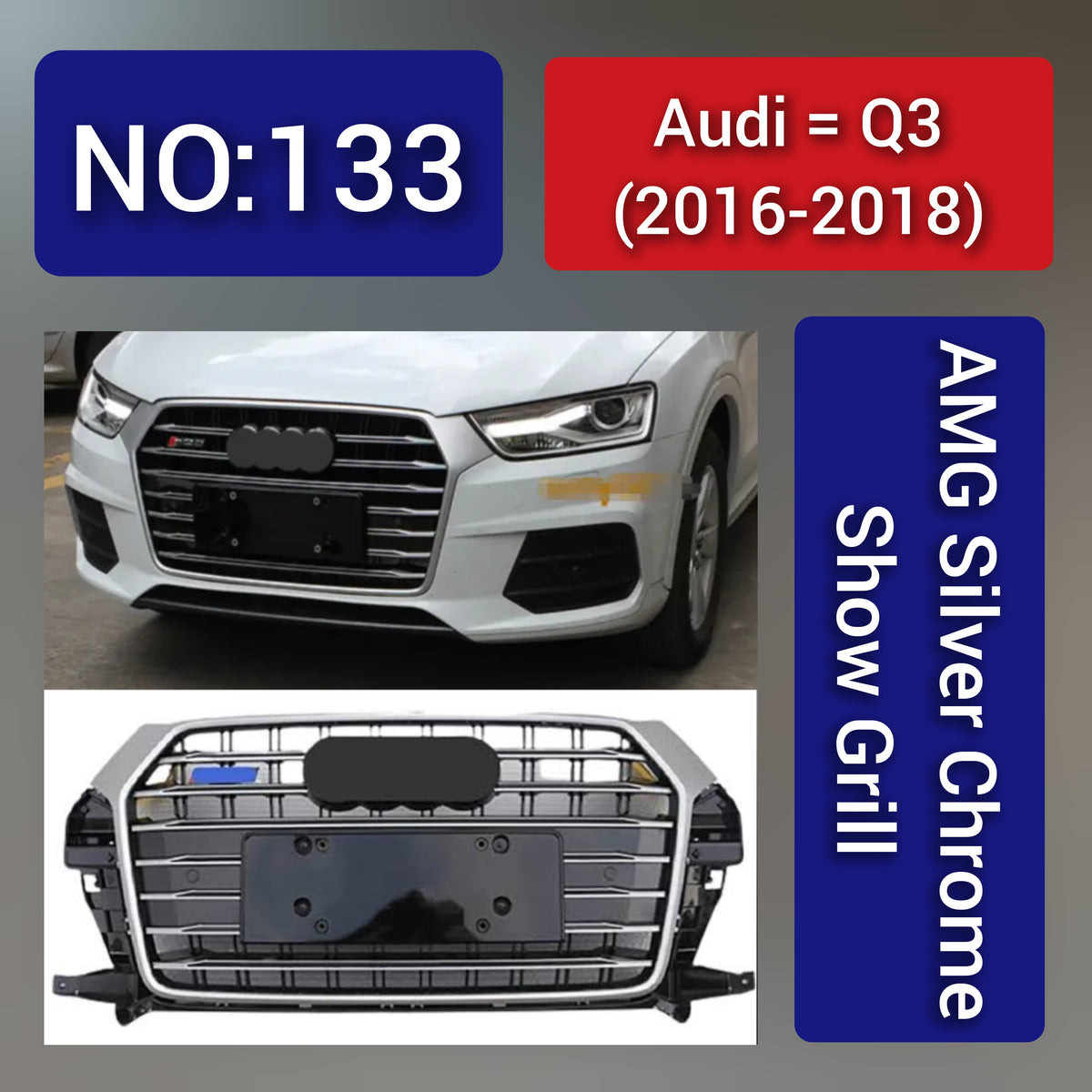 Show Grill  Compatible With Audi Q3(2016-2018) AMG Silver Chrome Tag No.133