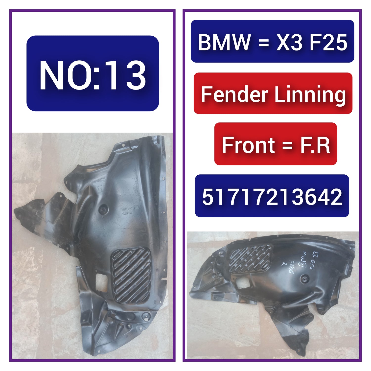 Front Right Fender Liner 51717213642 Compatible With BMW X3 F25 (2010-2017) Tag-FE-13
