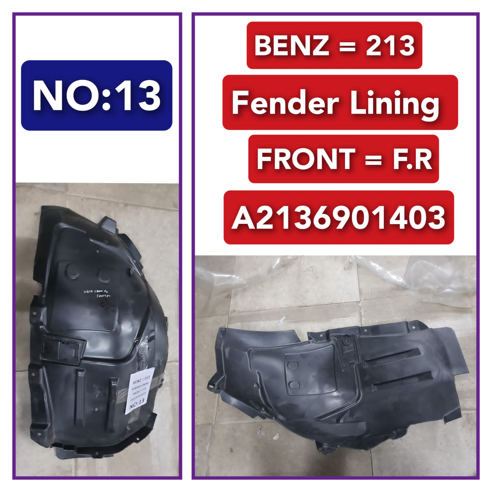 Front Right Fender Liner A2136901403 Compatible With MERCEDES-BENZ E-CLASS W213 Tag-FEM-13