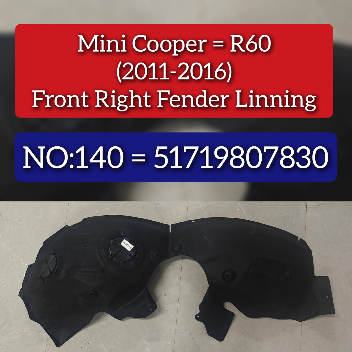 Front Right fender Liner 51719807830 Compatible With MINI COUNTRYMAN (R60) | MINI COUNTRYMAN / COOPER COUNTRYMAN | CROSSOVER