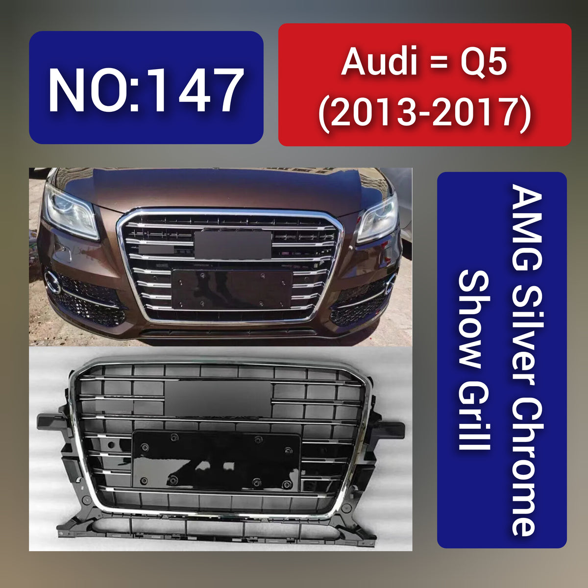 Show Grill Compatible With  Audi Q5 (2013-2017) AMG Silver Chrome Tag No.147