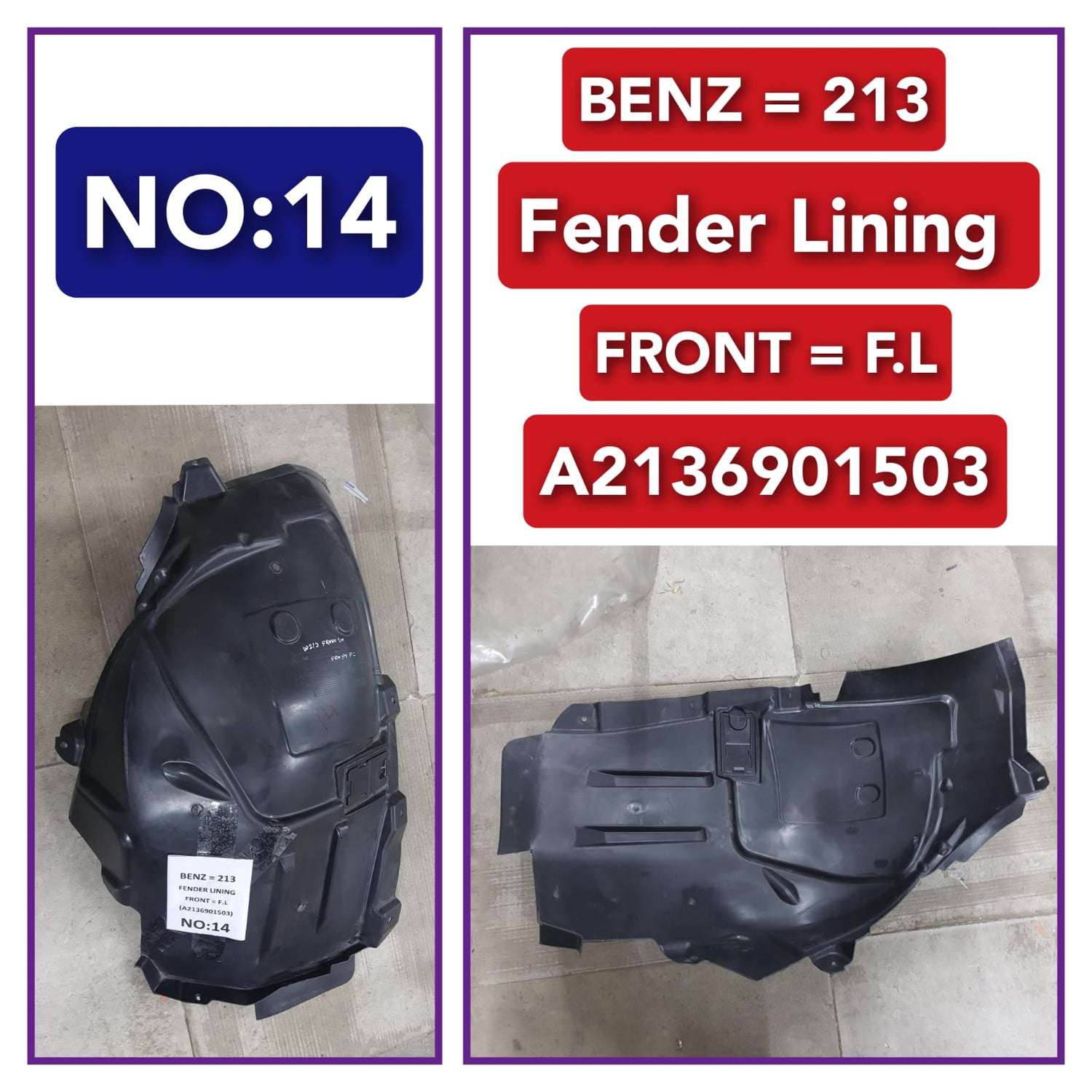 Front Left Fender Liner A2136901503 2136901503 Compatible With MERCEDES-BENZ E-CLASS W213 Tag-FEM-14