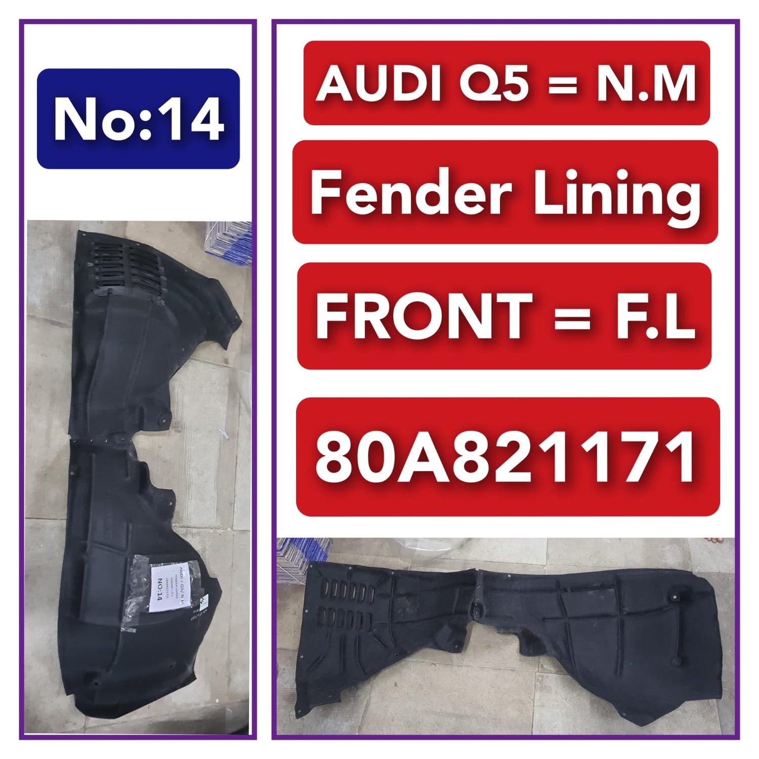 Front Left Fender Liner 80A821171  80A821171C 80A821171E Compatible With AUDI Q5 (2016-2020) Tag-FEA-14
