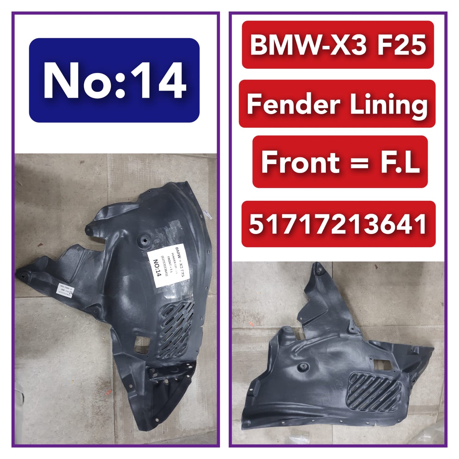 Front Left Fender Liner 51717213641 Compatible With BMW X3 F25 (2010-2017) Tag-FE-14