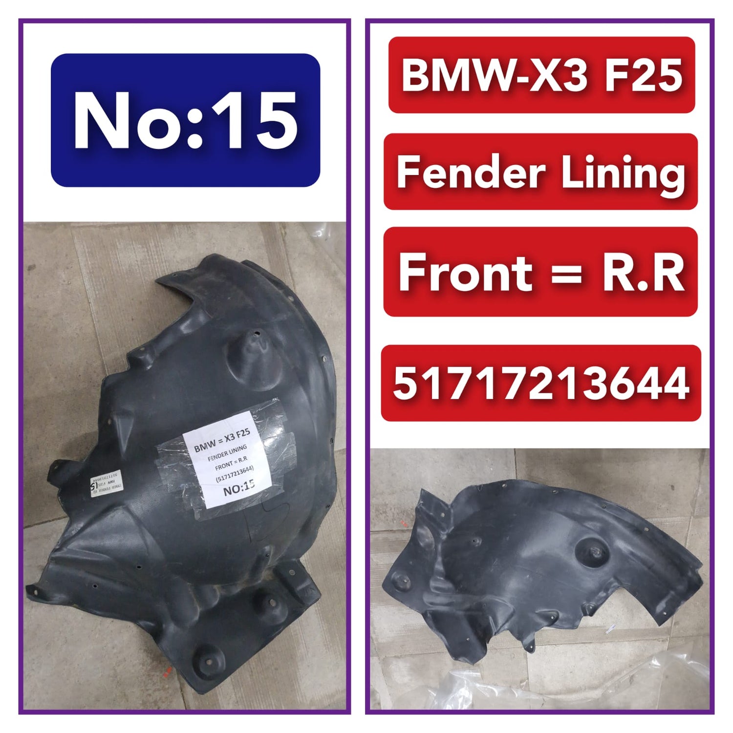 Rear Right Fender Liner 51717213644 Compatible With BMW X3 F25 Tag-FE-15
