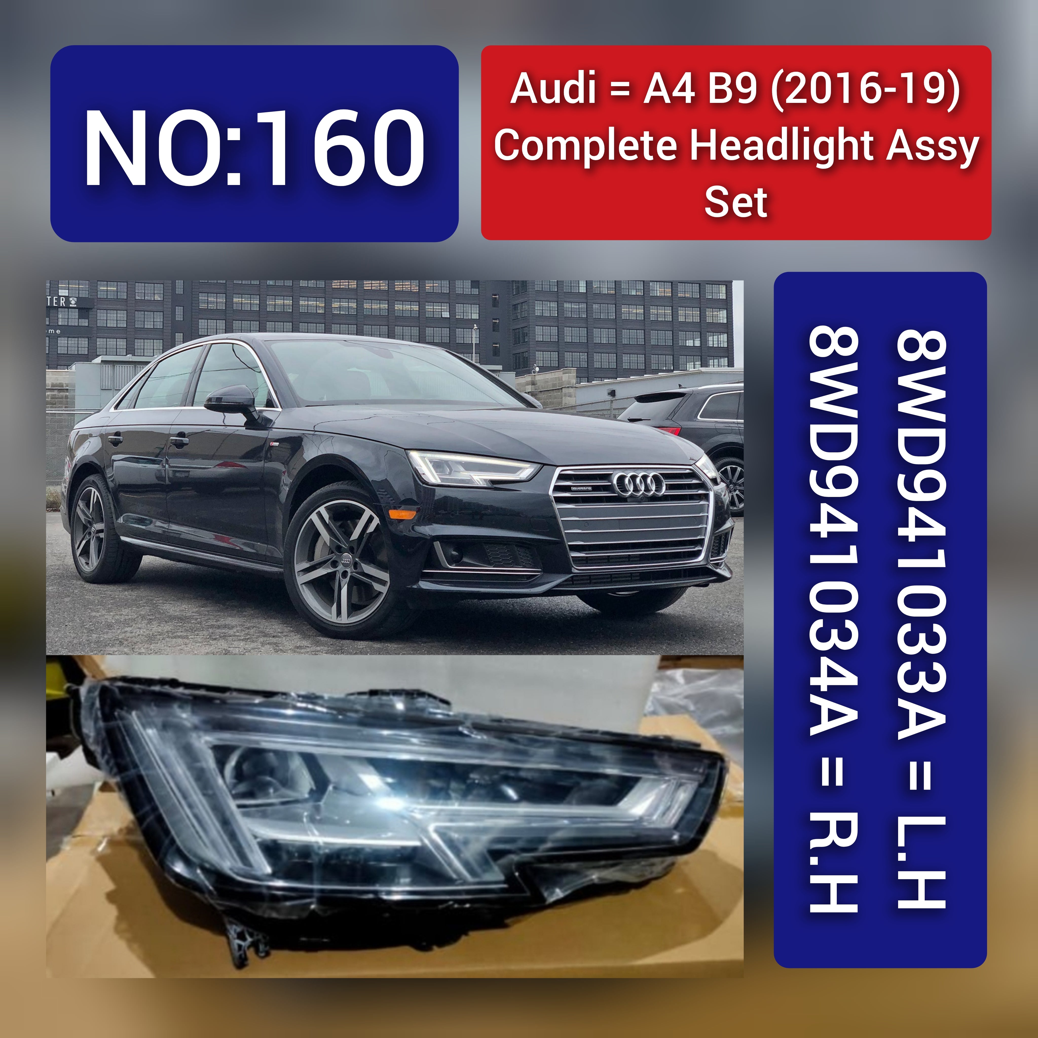 Headlight Headlamp Left 8WD941033 & Right 8WD941034 (Without Blaster) Compatible With AUDI A4 (2016-2019) No.160