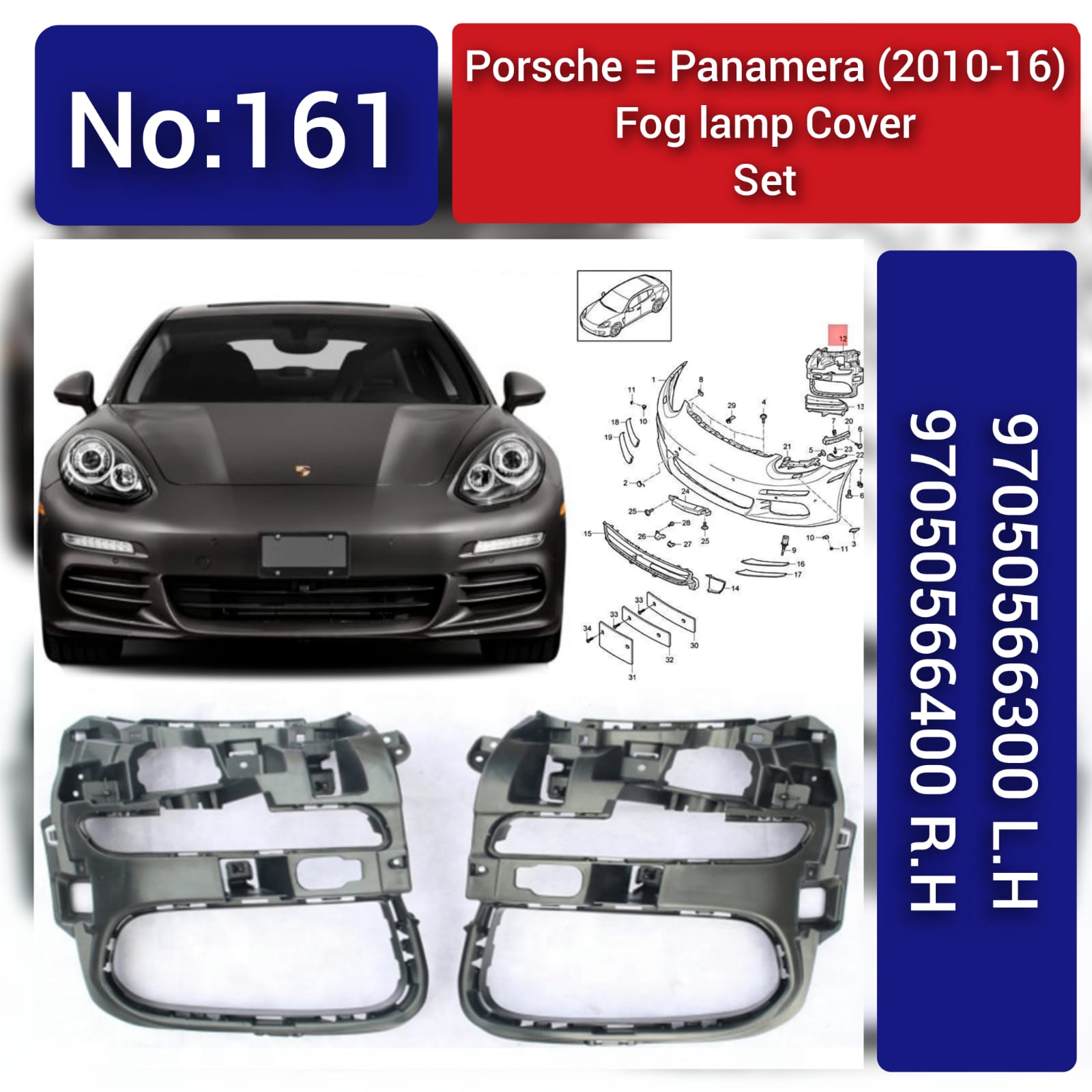 Fog Lamp Cover Compatible With  PORSCHE PANAMERA 2014-2017  Fog Lamp Cover Left 97050566300 & Right 97050566400 Fog No.161 (2010-16)