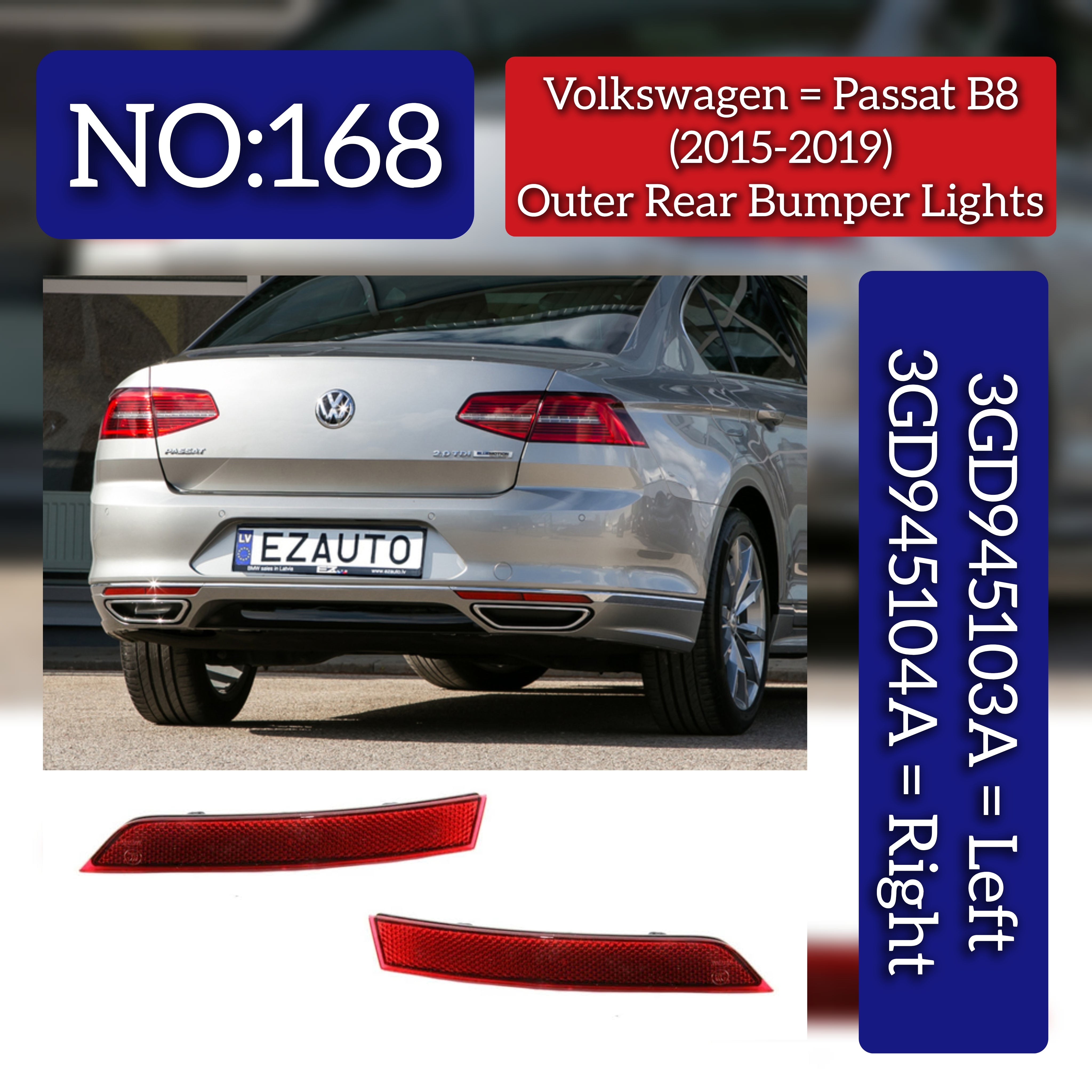 Outer Rear Bumper Reflector  Left Rear Bumper Reflector Left 3GD945103A & Right 3GD945104A Compatible With VW PASSAT B8 (2015-2019) Tag No.168