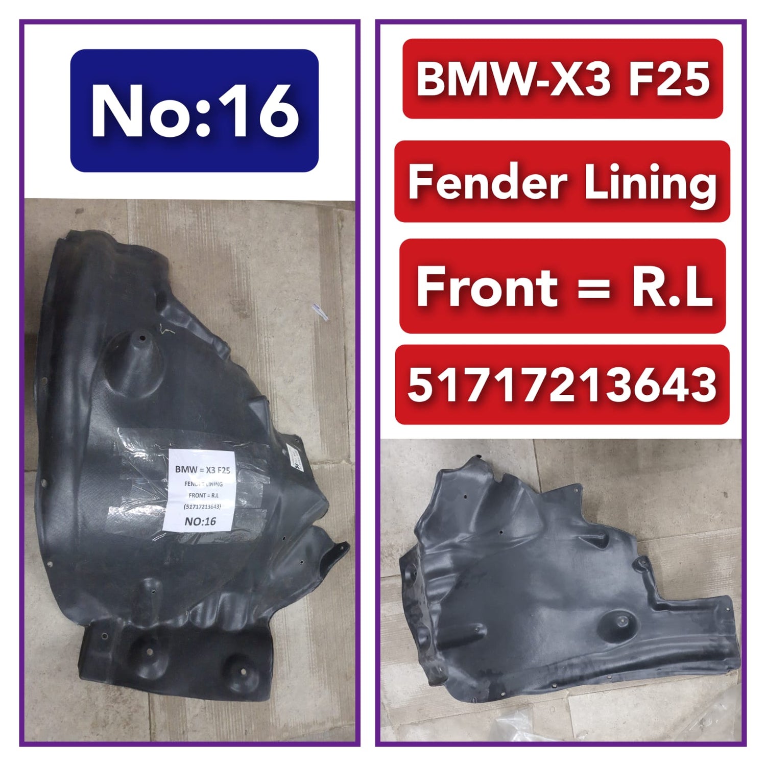 Rear Left Fender Liner 51717213643 Compatible With BMW X3 F25 Tag-FE-16