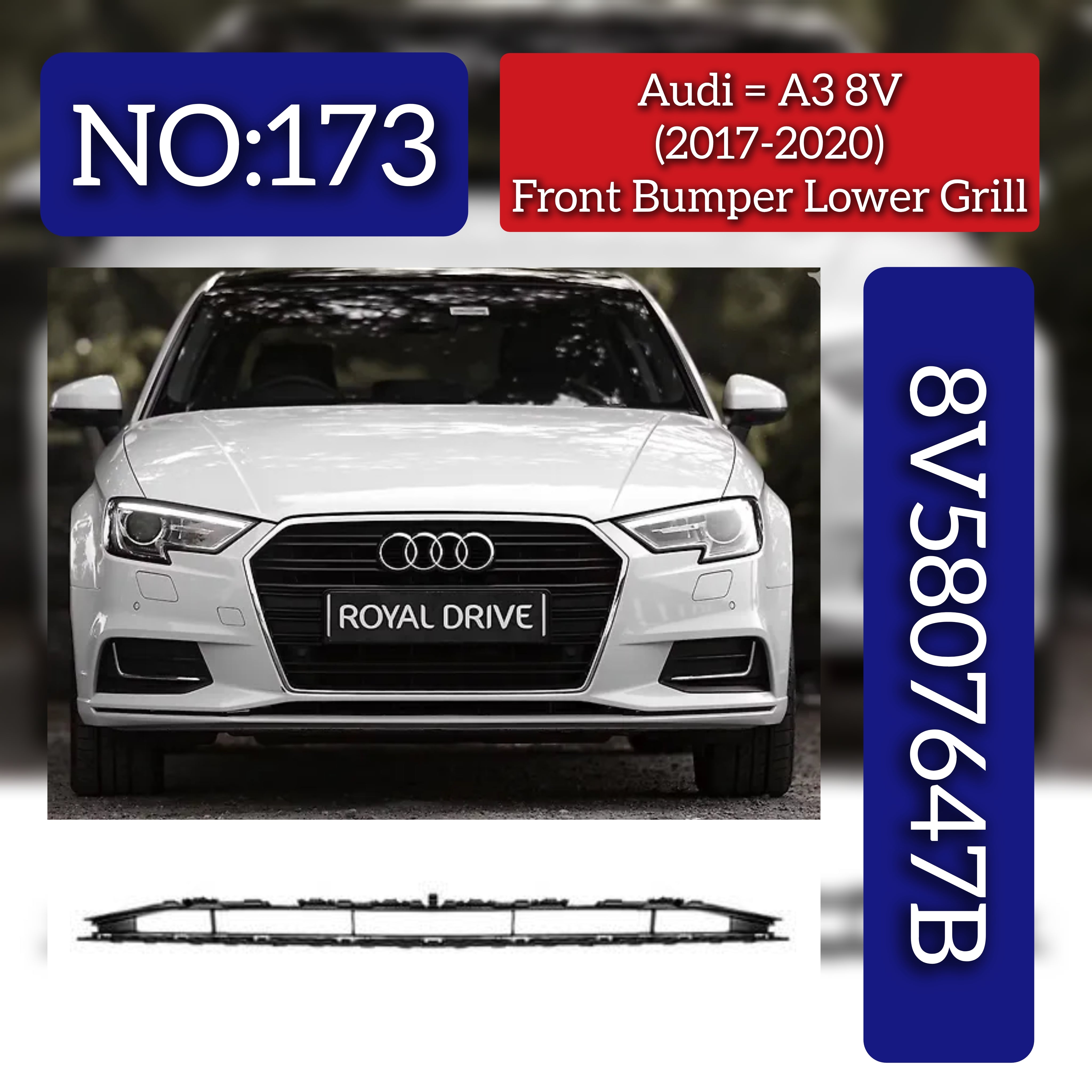 Front Bumper Lower Grill 8V5807647B Compatible With  AUDI A3 Convertible (8V7, 8VE) | A3 / S3Tag No.173