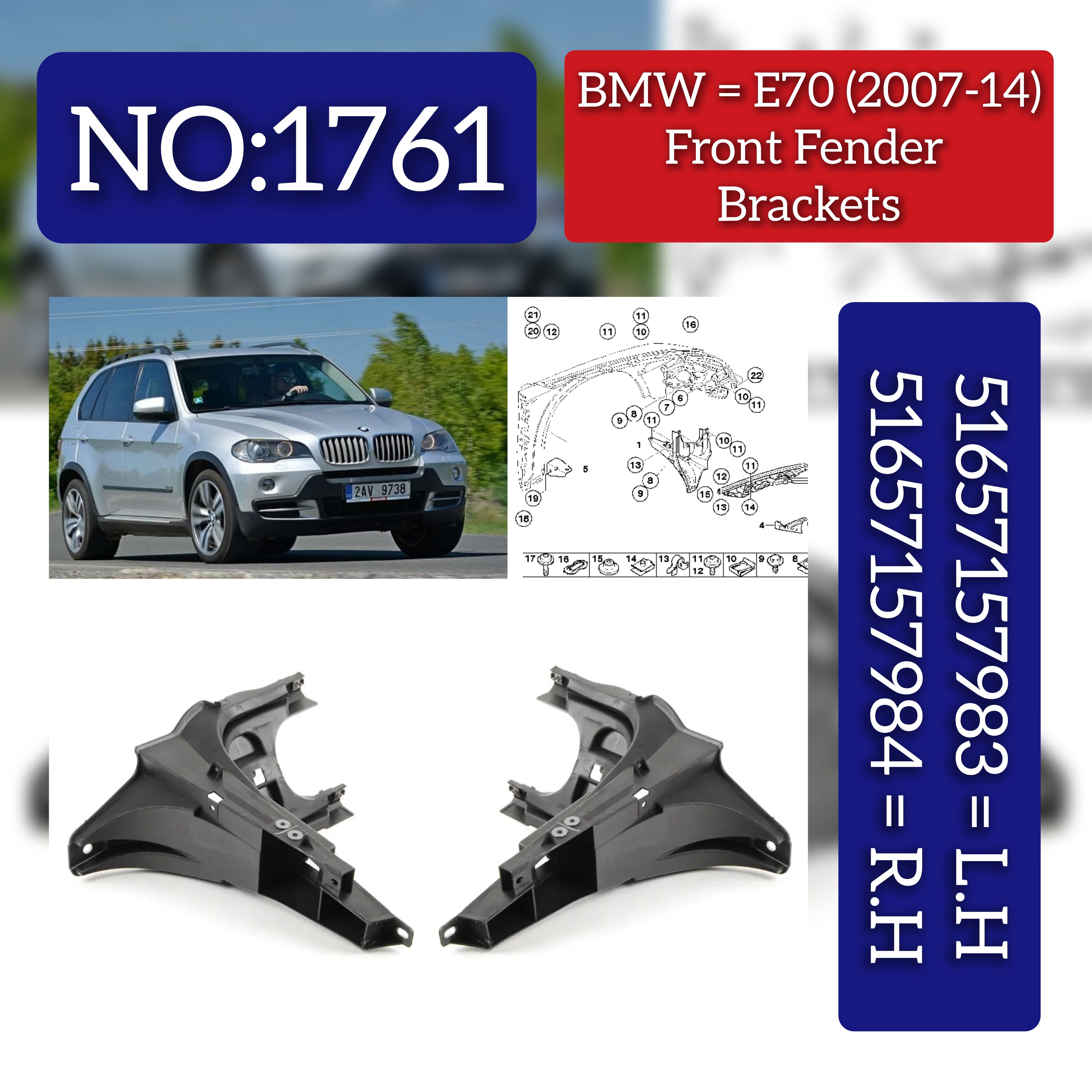 Headlight Bracket Left 51657157983 & Right 51657157984 Compatible With BMW X5 (E70) (2007-2014) Tag No.1761