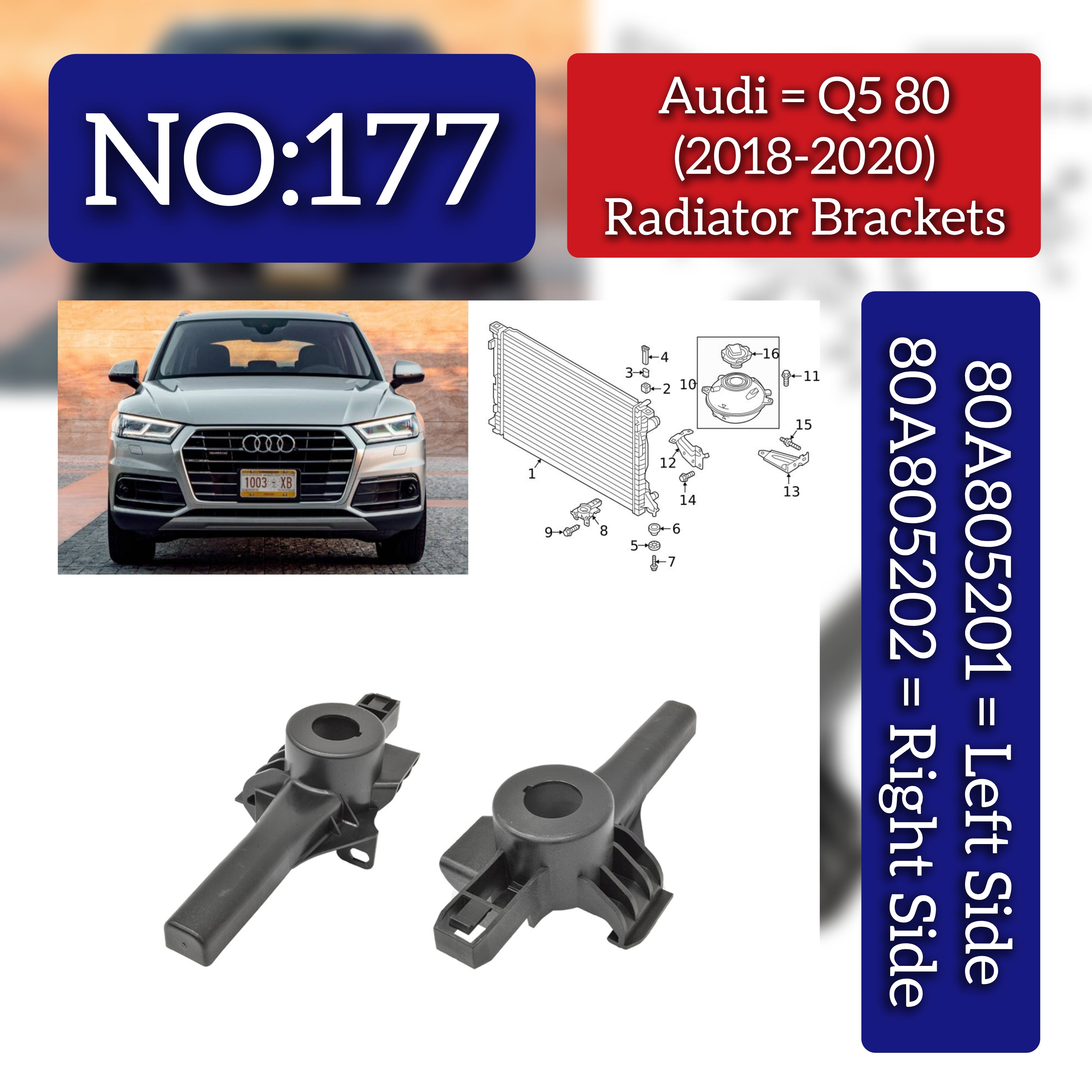 Radiator Bracket Left 80A805201 & Right 80A805202 Compatible with Audi Q5 (FYB , FYG) - (2018-2020) Tag No.177