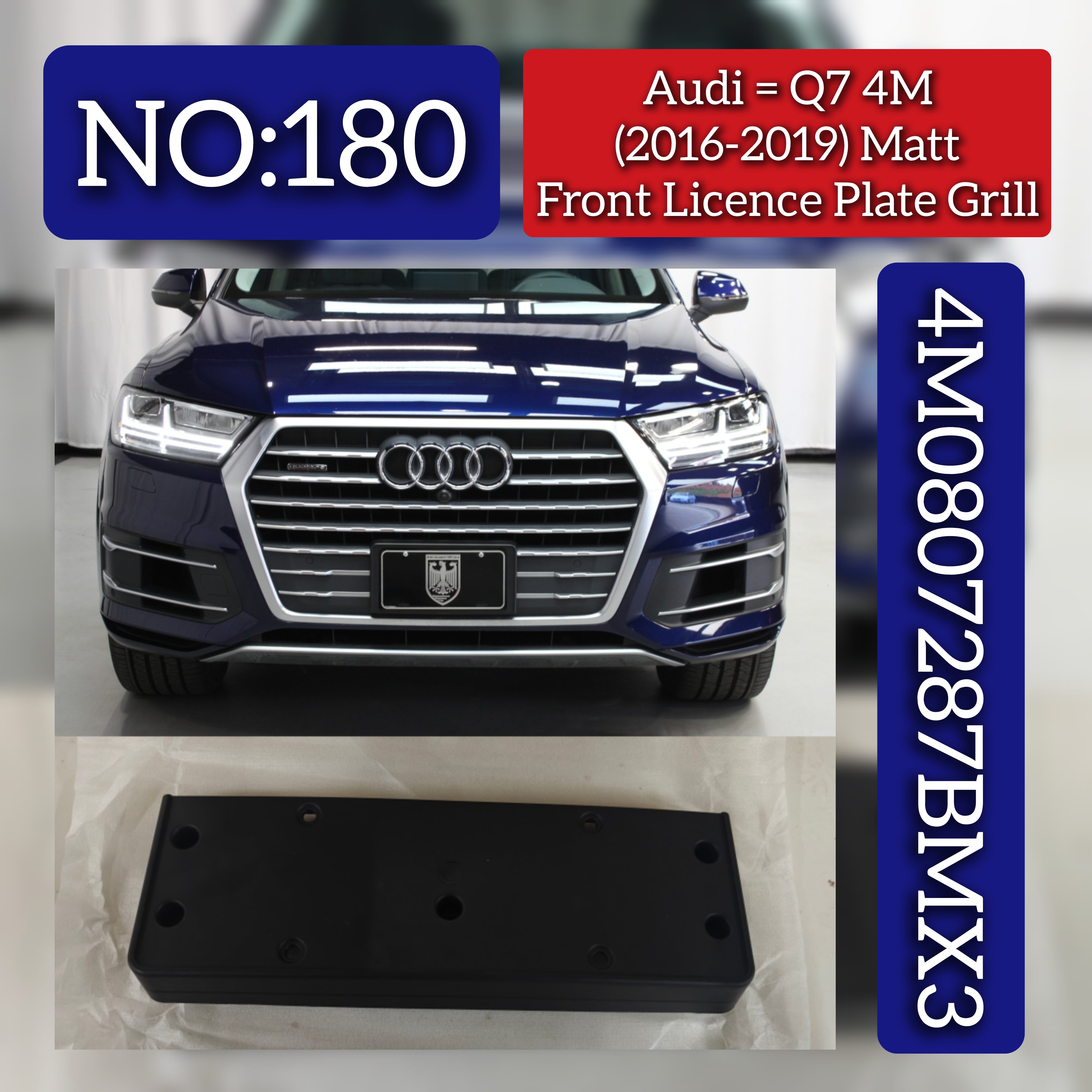 Matt Front Bumper Licence Plate Grill 4M0807287BMX3 Compatible With Audi Q7 4M (2016-2019) Tag No.180